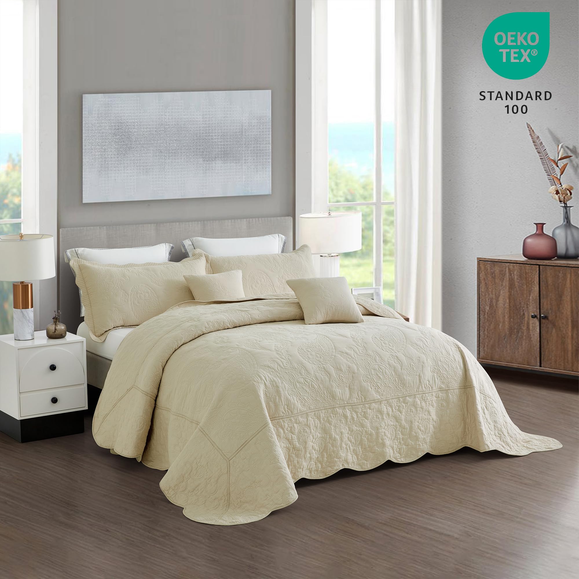 Reversible Paisley Oversized Cotton Bedspread Set - Lightweight 5-Piece King Size Bedding Cover in Khaki | Perfect for Master Bedroom, Guest Room & Dorm Decor