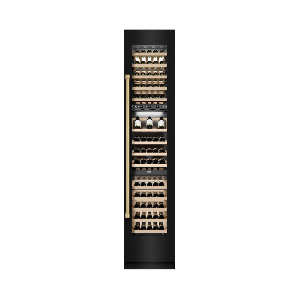 ZLINE Autograph Edition 18-Inch 9.0 cu. ft. Triple Zone 68-Bottle Right Hinge Column Wine Cooler - Black Stainless Steel with Champagne Bronze Accents (RCWVRZ BS 18 CB) | Perfect for Wine Cellars, Restaurants & Home Bars