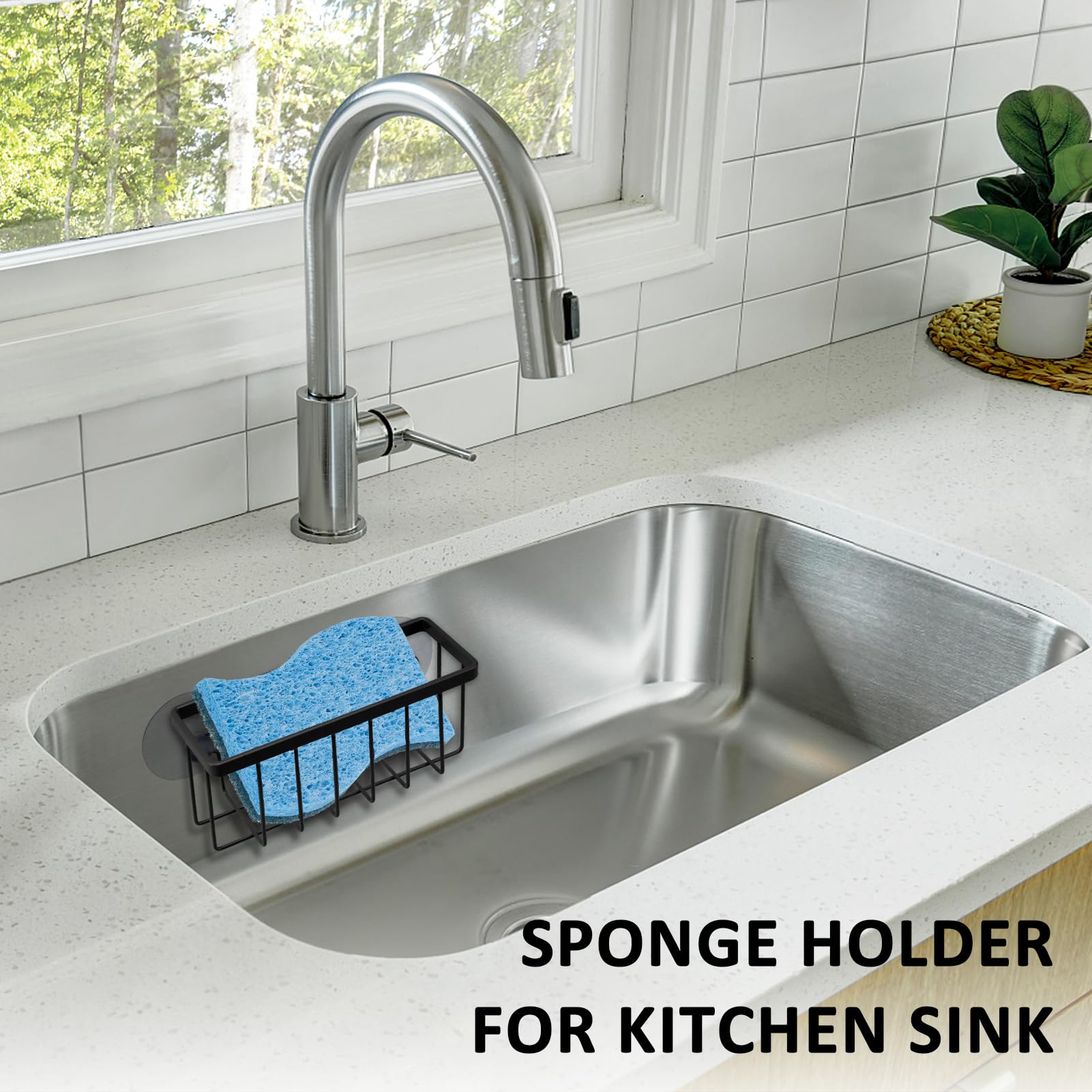 Sturdy Black Suction Sponge Holder for Kitchen & Bathroom Sink - Durable Sink Caddy Organizer for Sponges, Soap & Scrubbers - Perfect for Countertop Cleaning & Dishwashing Organization