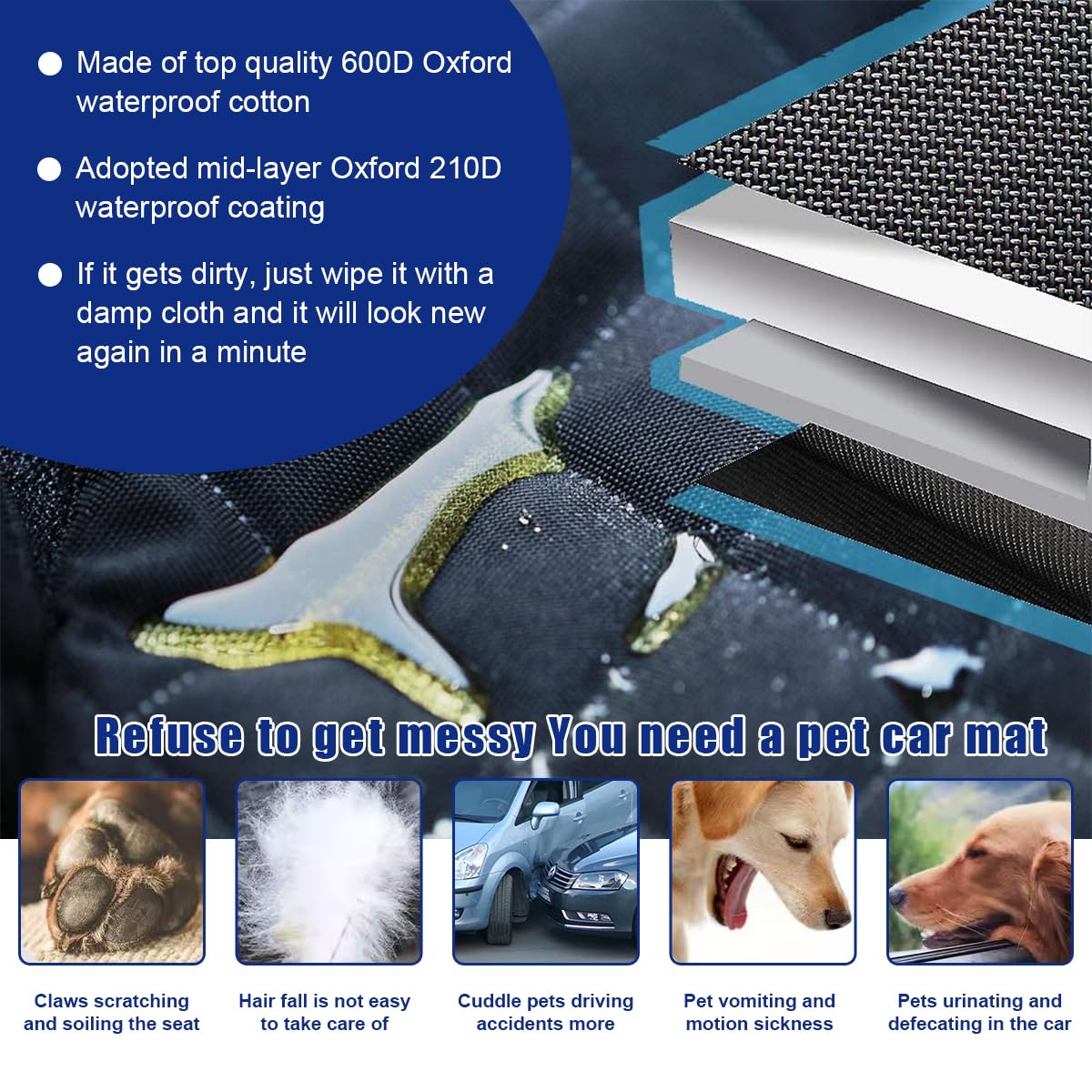 Ziciner Waterproof Dog Seat Cover for Cars - 600D Durable Front Seat Protector Against Pet Fur, Dirt & Scratches - Non-Slip Universal Fit for Car, Truck, SUV - Perfect for Road Trips & Daily Commutes (Grey)