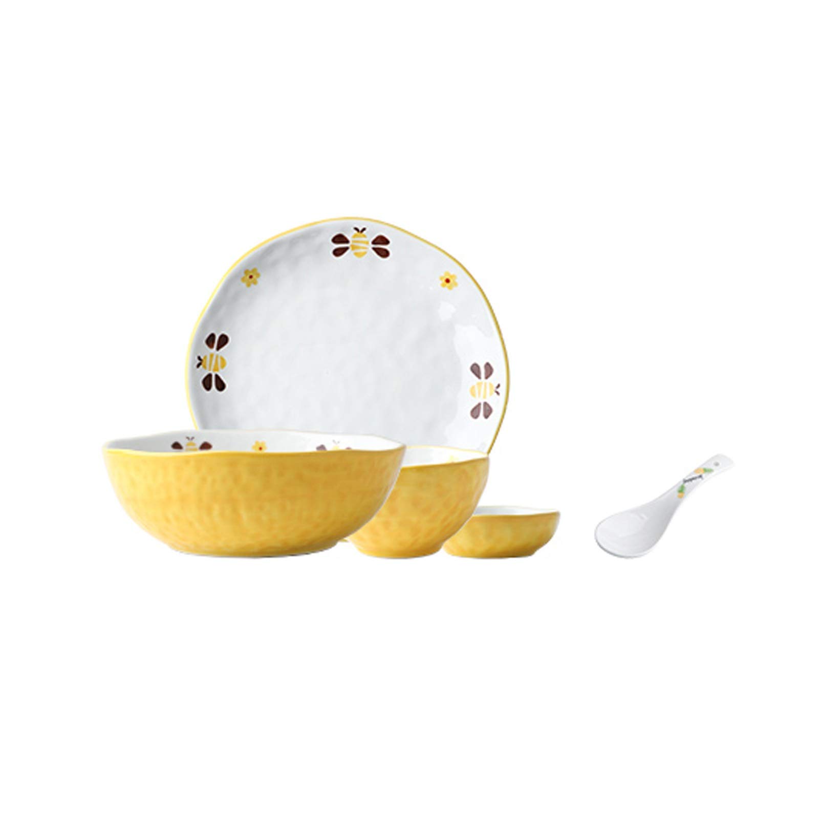 Hand-Painted Bees Ceramic Dinner Plate Set - 5-Piece Durable Dinnerware with Bowls & Snack Dishes - Cute & Creative Tableware for Family Meals, Parties & Home Decor