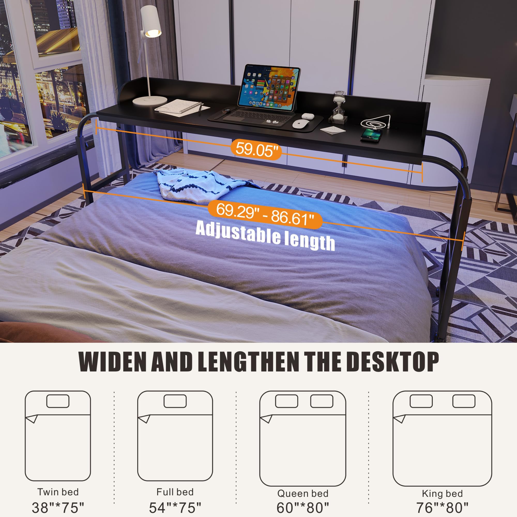 Auto-Sensor LED Over Bed Desk with Wheels - Adjustable Height Rolling Tray Table with Charging Station - Side Table for Laptop, Writing & Living Room Use - Perfect for Home Office, Bedroom & Small Spaces (Black)