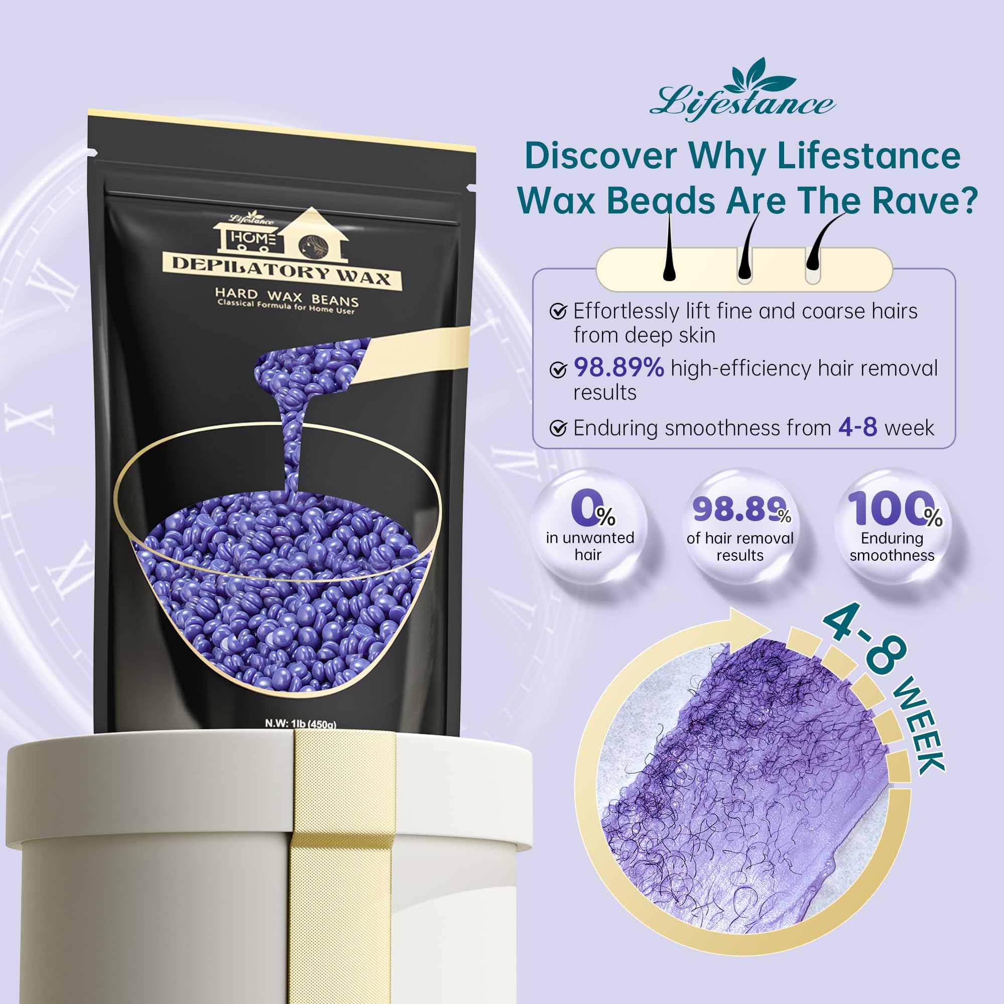 Lifestance Hard Wax Beans Hair Removal Kit - 1lb Large Refill Stripless Waxing Beans for Women & Men - Lavender Pearl Wax Beads for Smooth Skin | At-Home Waxing & Salon Use
