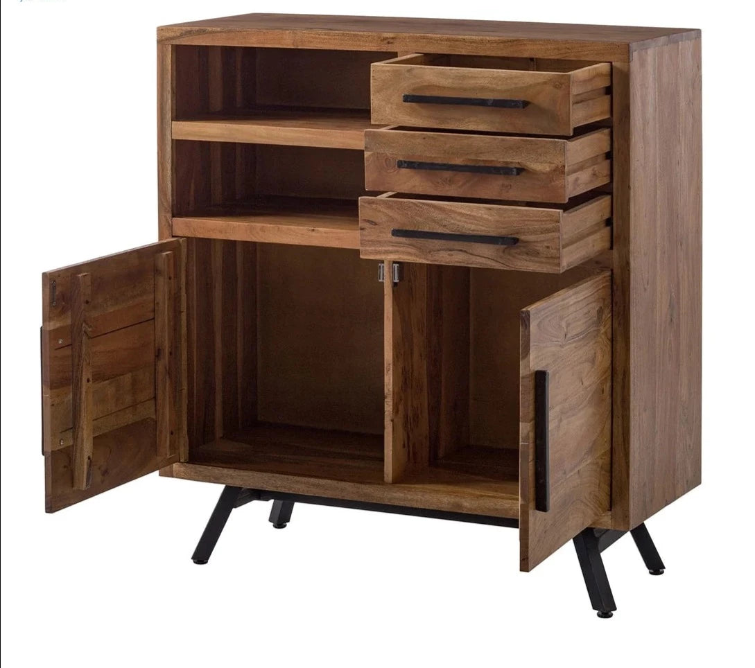 Gfine Solid Acacia Wood Sideboard with 2 Doors & 3 Drawers - 78x40x95cm Rustic Entryway Storage Cabinet for Living Room, Dining Room & Hallway Organization