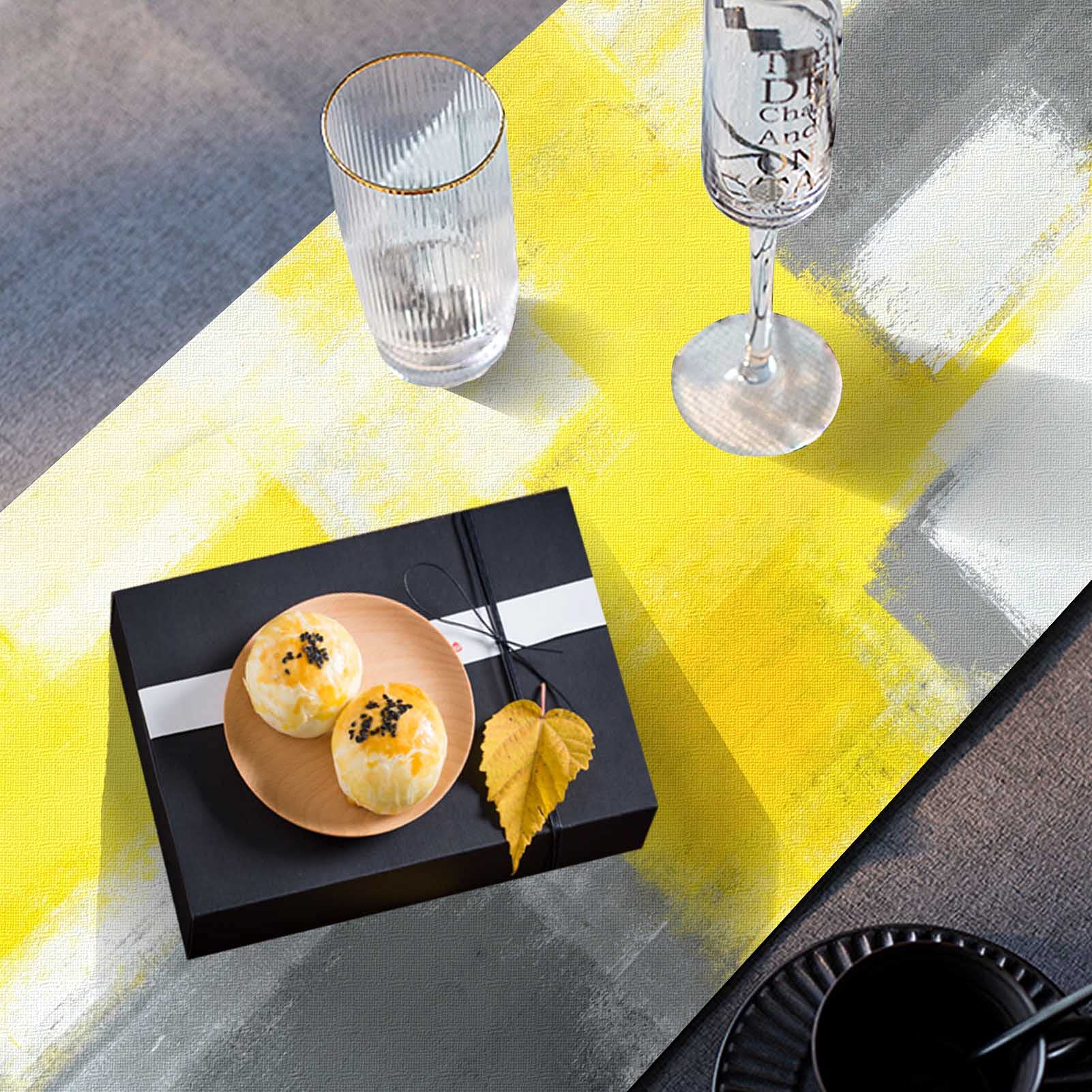 Mcalk Yellow Table Runner & 6-Piece Grey Placemats Set - Modern Abstract Art Linen Table Mats for Kitchen & Dining Room - Washable & Durable for Everyday Use, Dinner Parties & Holiday Decor