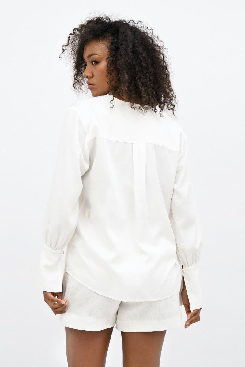 Ferret TENCEL™ Long Sleeve Shirt for Women - Soft Breathable Button Down Blouse in Porcelain White | Casual Office Wear & Spring Layering Essential