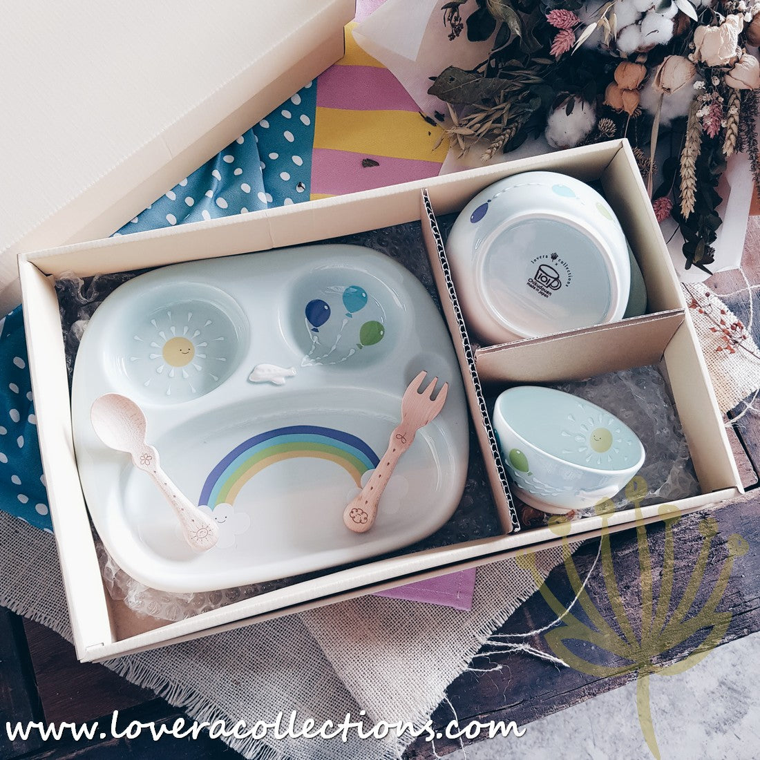 Chikudouen x Lovera Blue Balloon Kids Dinnerware Set - 4-Piece Children's Tableware Gift for Birthday & Holidays (Plates, Bowls, Cups & Utensils) - Perfect for Parties, Daily Meals & Special Occasions