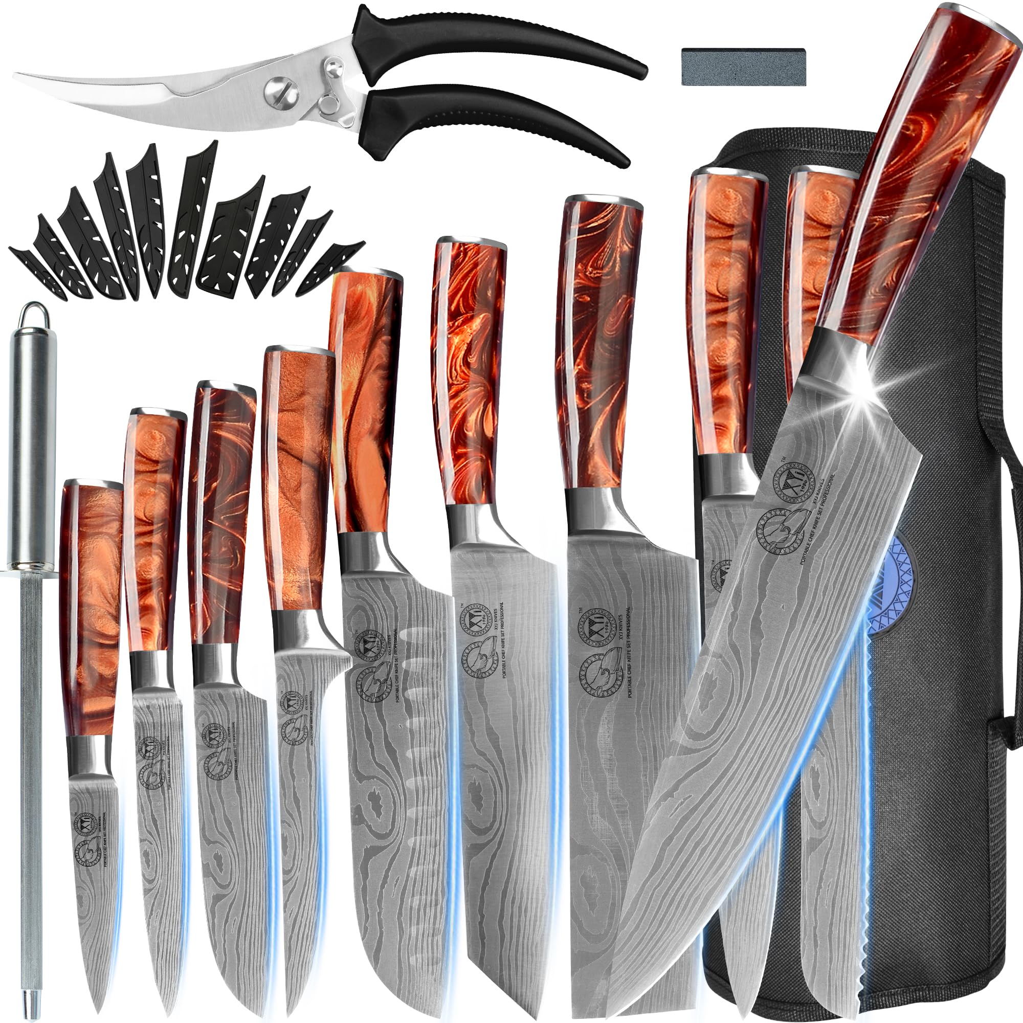 XYJ Professional 15-Piece Chef Knife Set with Storage Case - High Carbon Stainless Steel Kitchen Knives for Cooking, Slicing & Dicing - Includes Chef Knife, Utility Knife, Scissors & More - Perfect Gift for Home Chefs & Culinary Enthusiasts (Orange) - Ideal for Professional Kitchens, Home Cooking & BBQ Parties