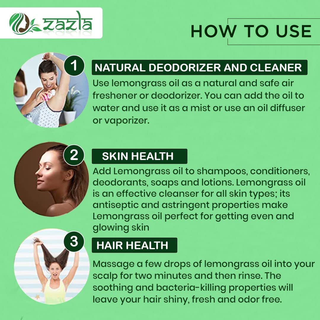 Zazla 100% Pure Lemongrass Essential Oil - Undiluted Therapeutic Grade for Hair Growth, Skin Moisturizing, Aromatherapy & Diffuser Use - 12ml (Pack of 1) | Perfect for Spa, Massage, Relaxation & Home Fragrance