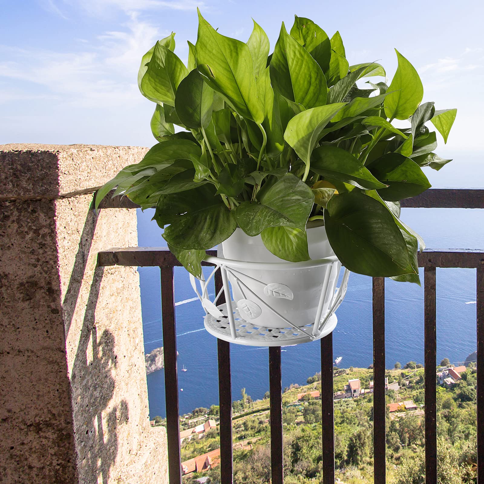 2 Pack Hanging Railing Flower Pot Basket Holder - Durable Iron Art Planter Stand for Balcony, Patio & Garden - Over The Rail Metal Fence Pot Container for Indoor/Outdoor Decor (Perfect for Small Spaces, Vertical Gardens & Urban Gardening)