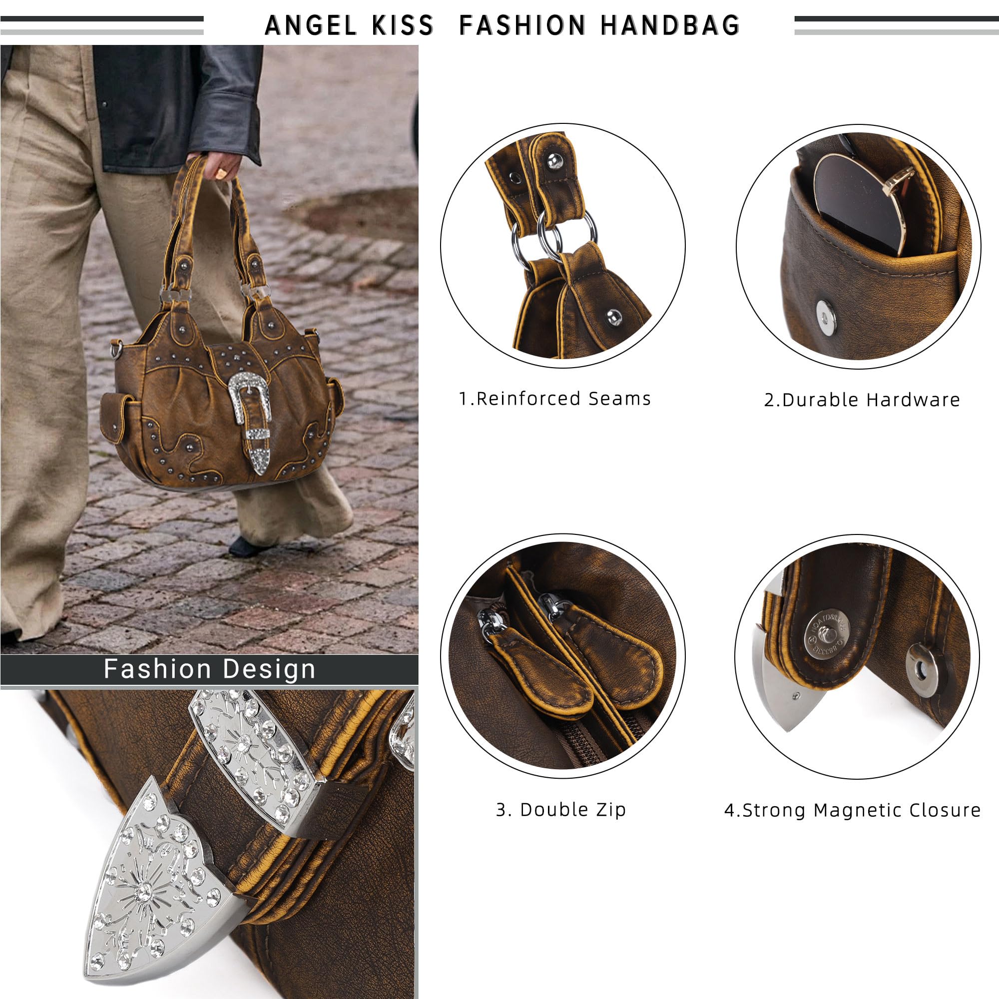 Angel Kiss Vegan Leather Hobo Bags for Women - Stylish Shoulder & Crossbody Purse with Metal Studs | Perfect for Work, Travel & Everyday Use