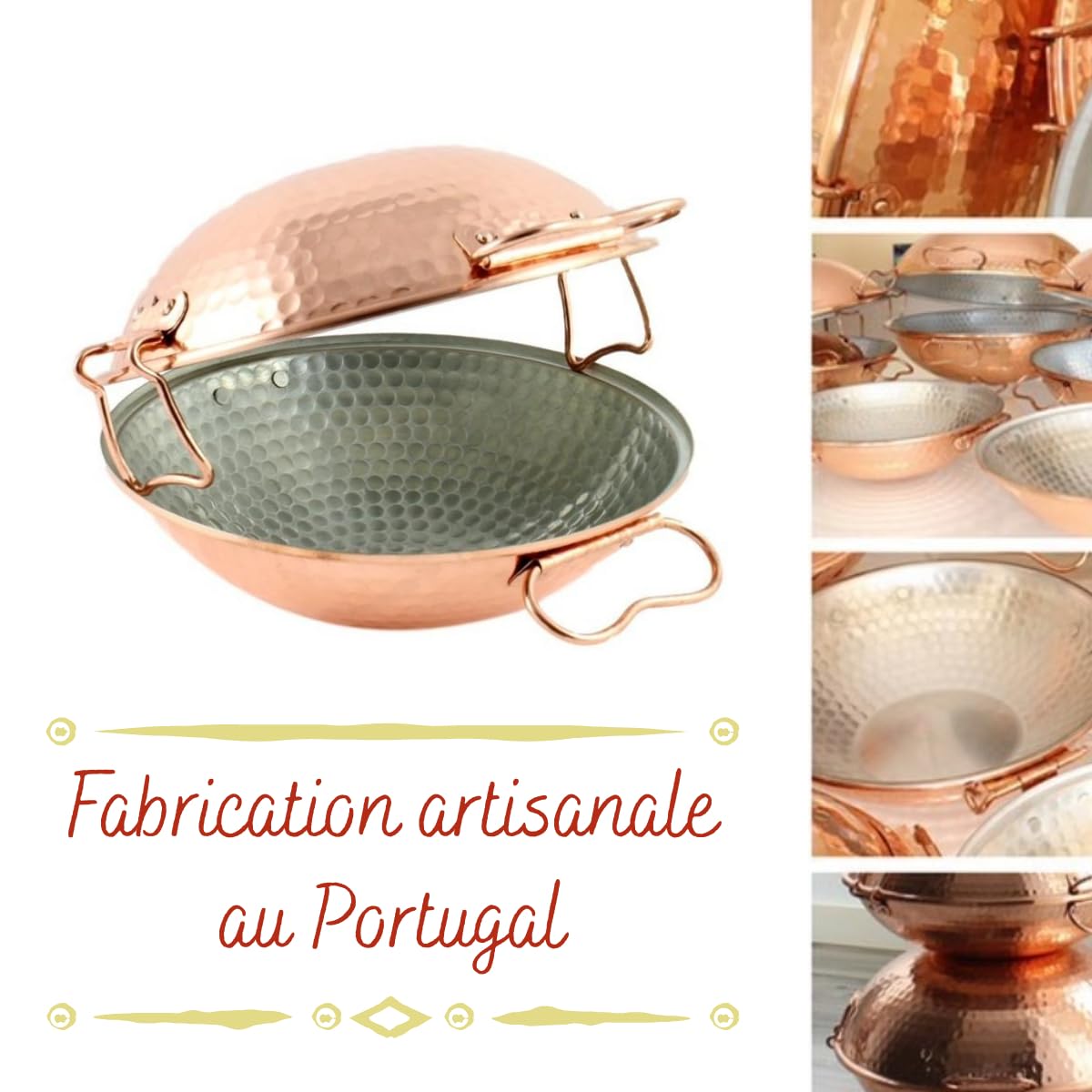 Hammered Copper Cataplana & Stir Fry Wok with Tin Lining - 30cm Diameter, Oven & Stovetop Safe (Except Induction) - Perfect for Seafood Stews, Paella & Asian Stir-Fry Cooking