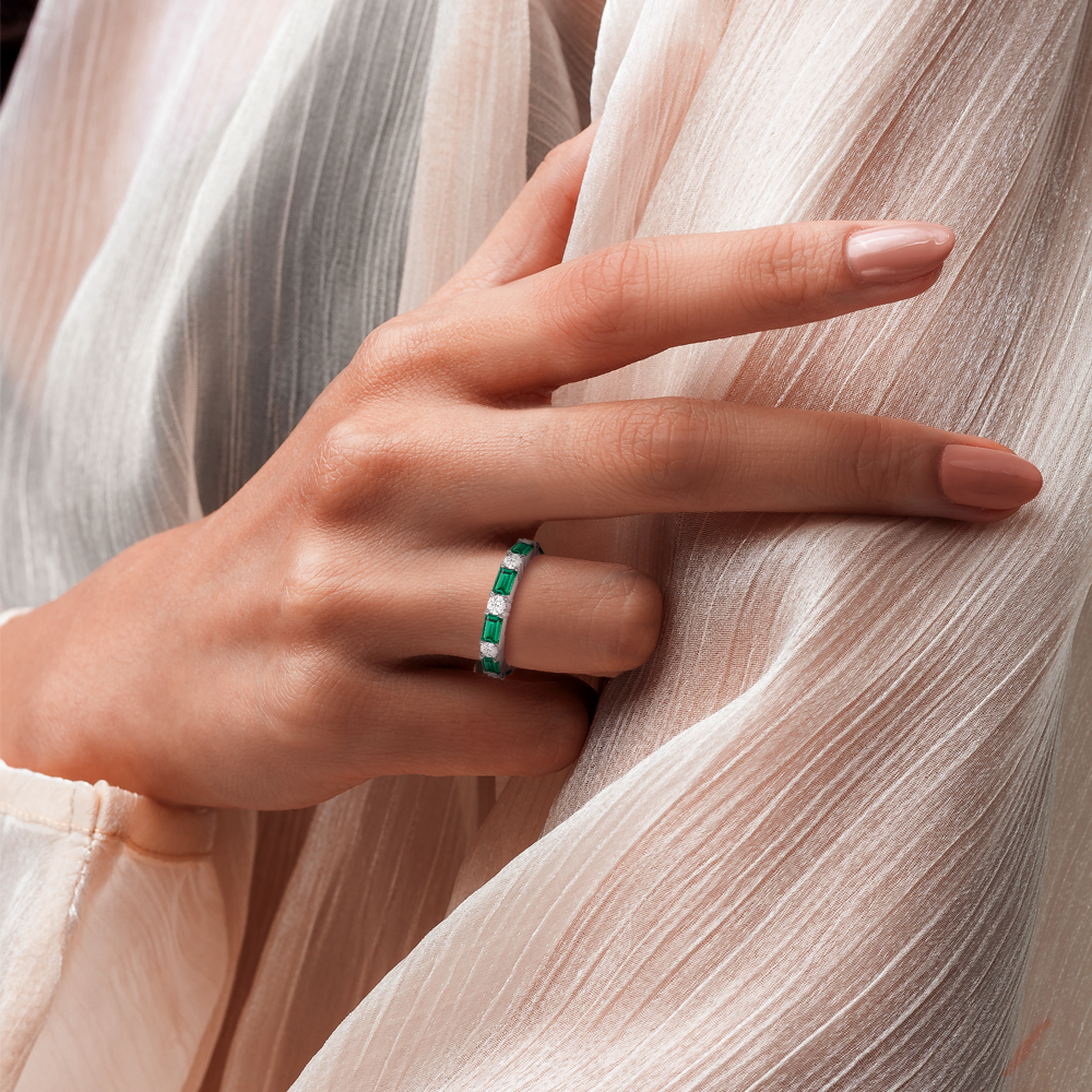 Exquisite Lab-Grown Emerald & Diamond Eternity Wedding Band - 14K White Gold Stackable Ring for Anniversary, Engagement & Bridal Jewelry (Perfect for Valentine's Day Gifts & Special Occasions)