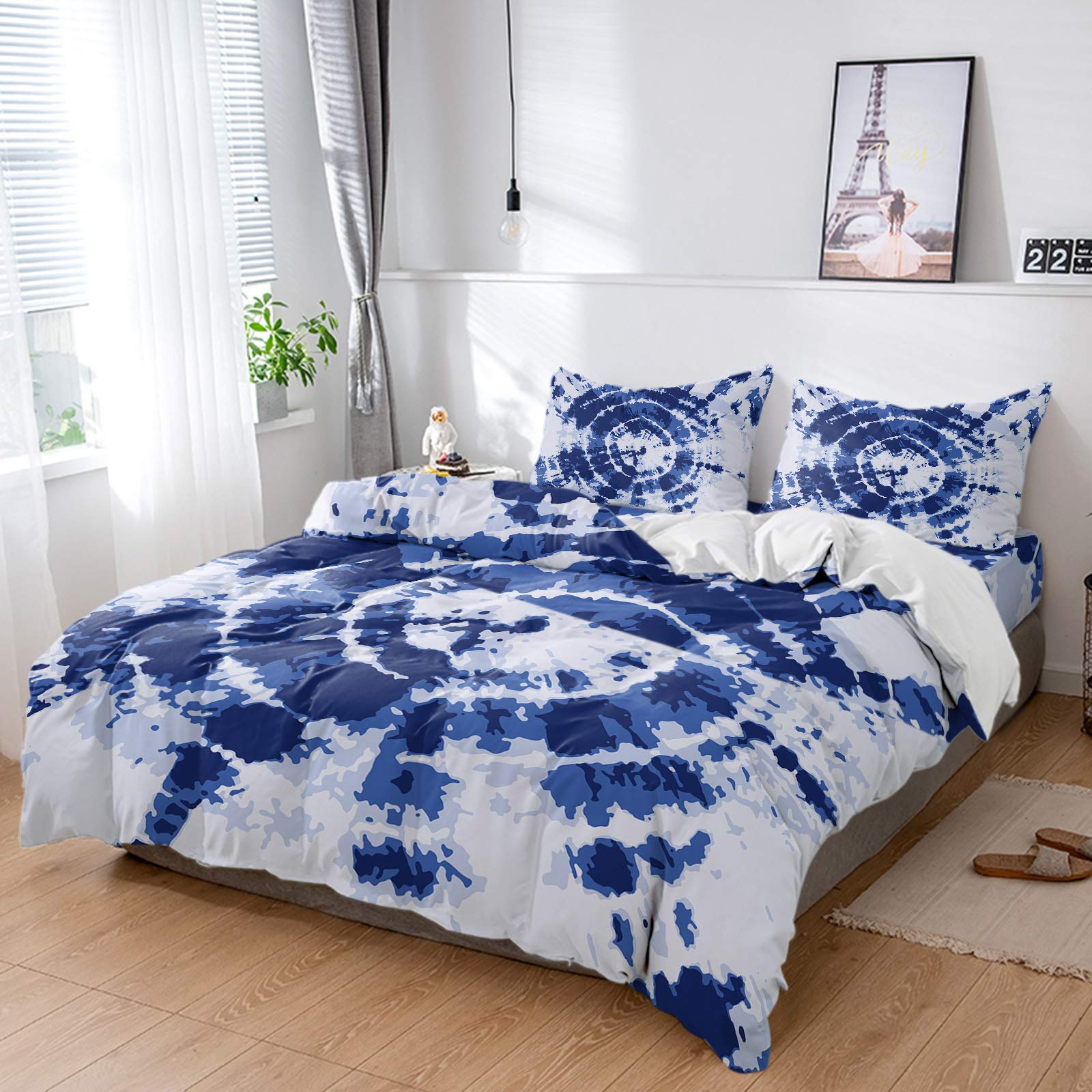 4 Piece California King Bedding Set - Watercolor Tie Dye Boho Style Duvet Cover with Sheets & Pillowcases | Soft & Breathable Bedding for Adults & Kids | Perfect for Master Bedroom, Guest Room & Dorm Decor (Dark Blue/White)