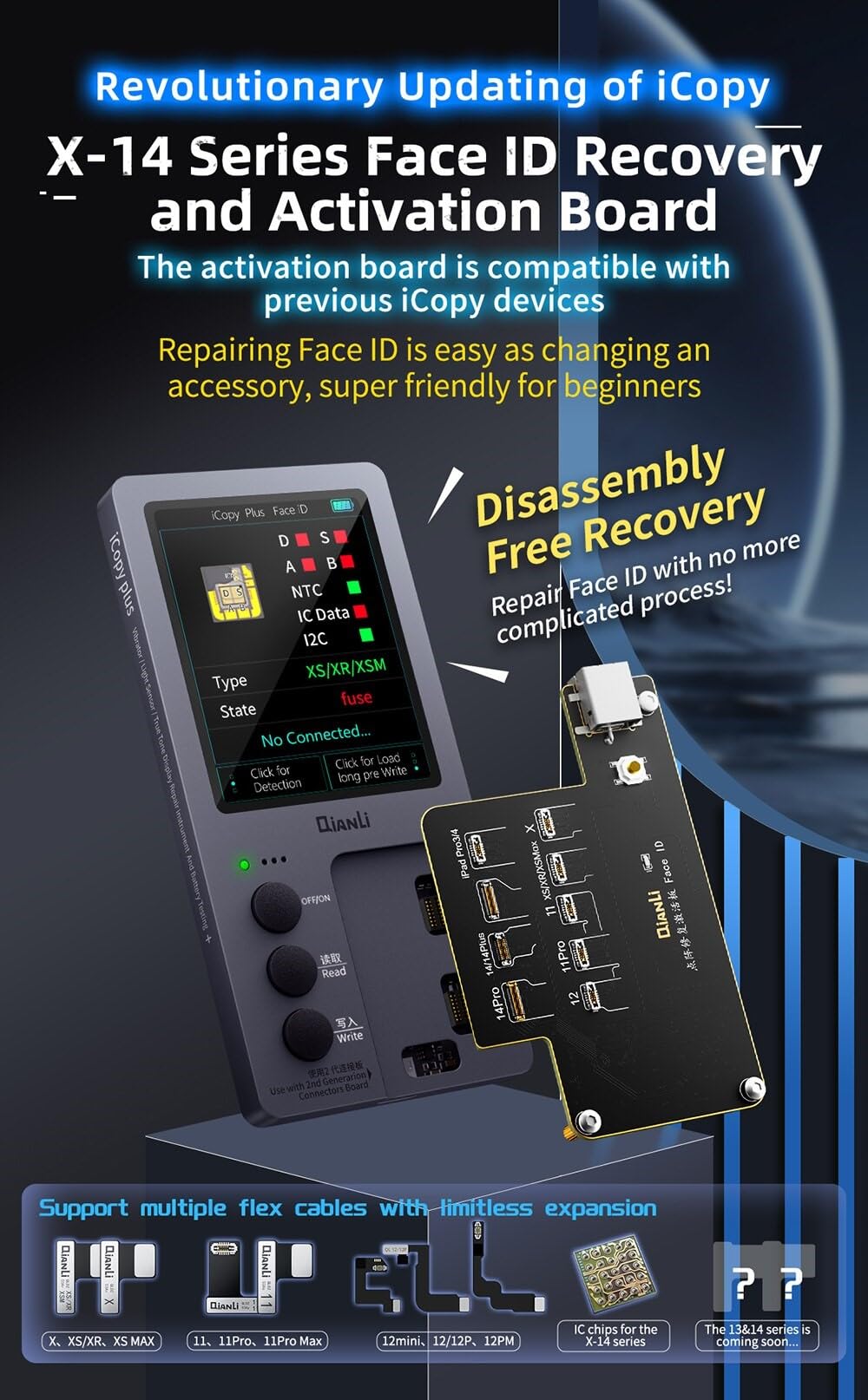 Qianli 3-in-1 iCopy Plus 2.2 iPhone EEPROM Programmer - Transfer Face ID, LCD, Vibrator for iPhone 7/8/X/11/12/13/14 | Battery & Lighting Board Repair Tool | Perfect for Phone Repair Shops & DIY Technicians