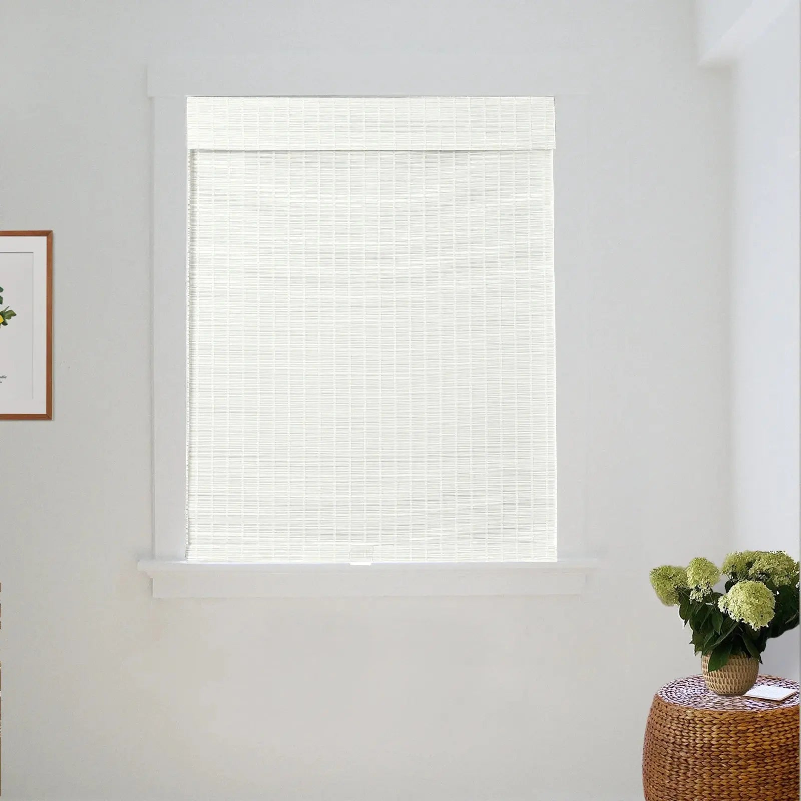 Sybil Bamboo Roman Shade - Natural Beige & White Window Treatment for Living Room, Bedroom & Office | Eco-Friendly Roller Blind for Privacy & Sun Protection