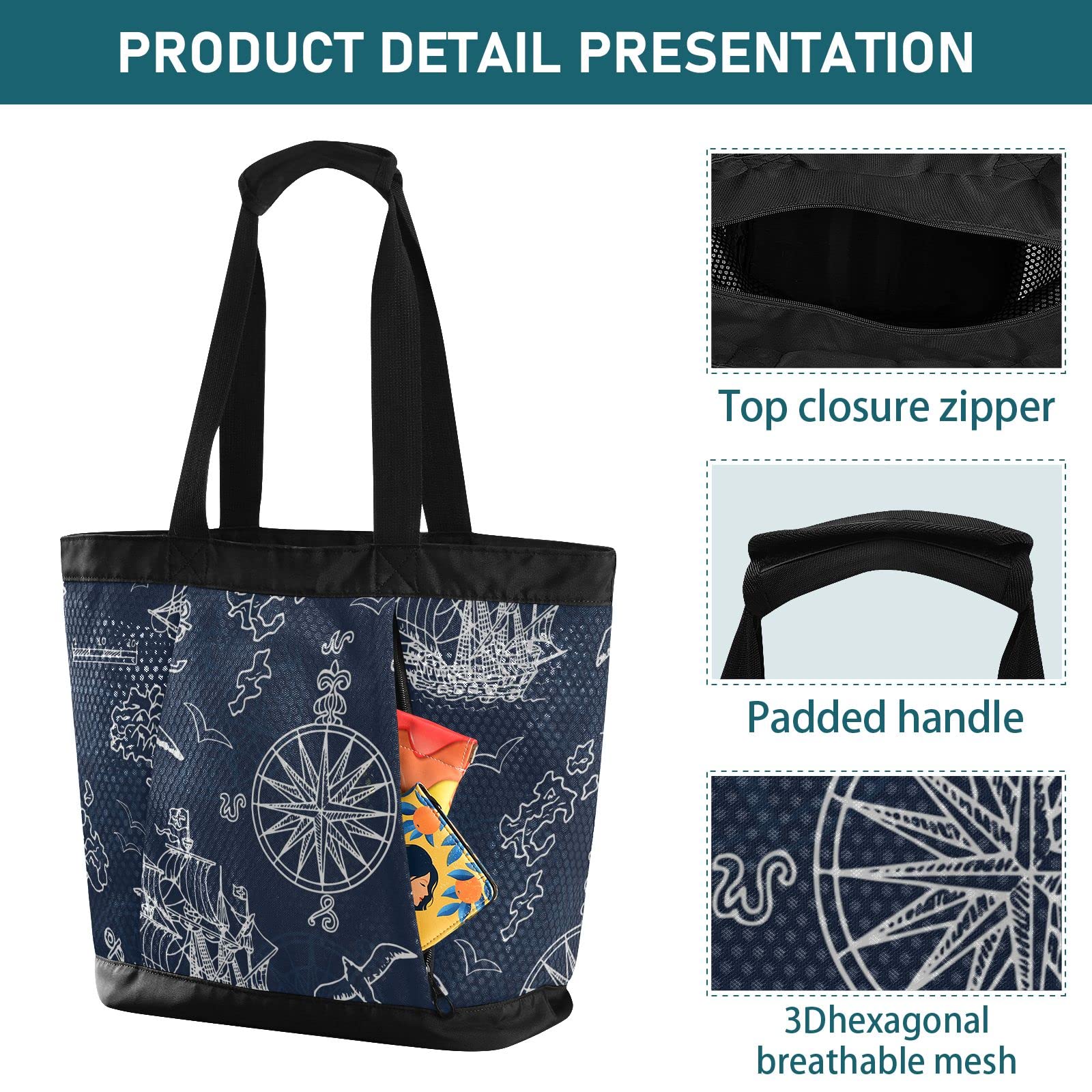 J JOYSAY Marine Nautical Ships Compass Mesh Beach Tote Bag - Large Waterproof Beach Bag for Women, Travel, Shopping & Gym - Perfect for Pool, Beach, Sports & Outdoor Activities