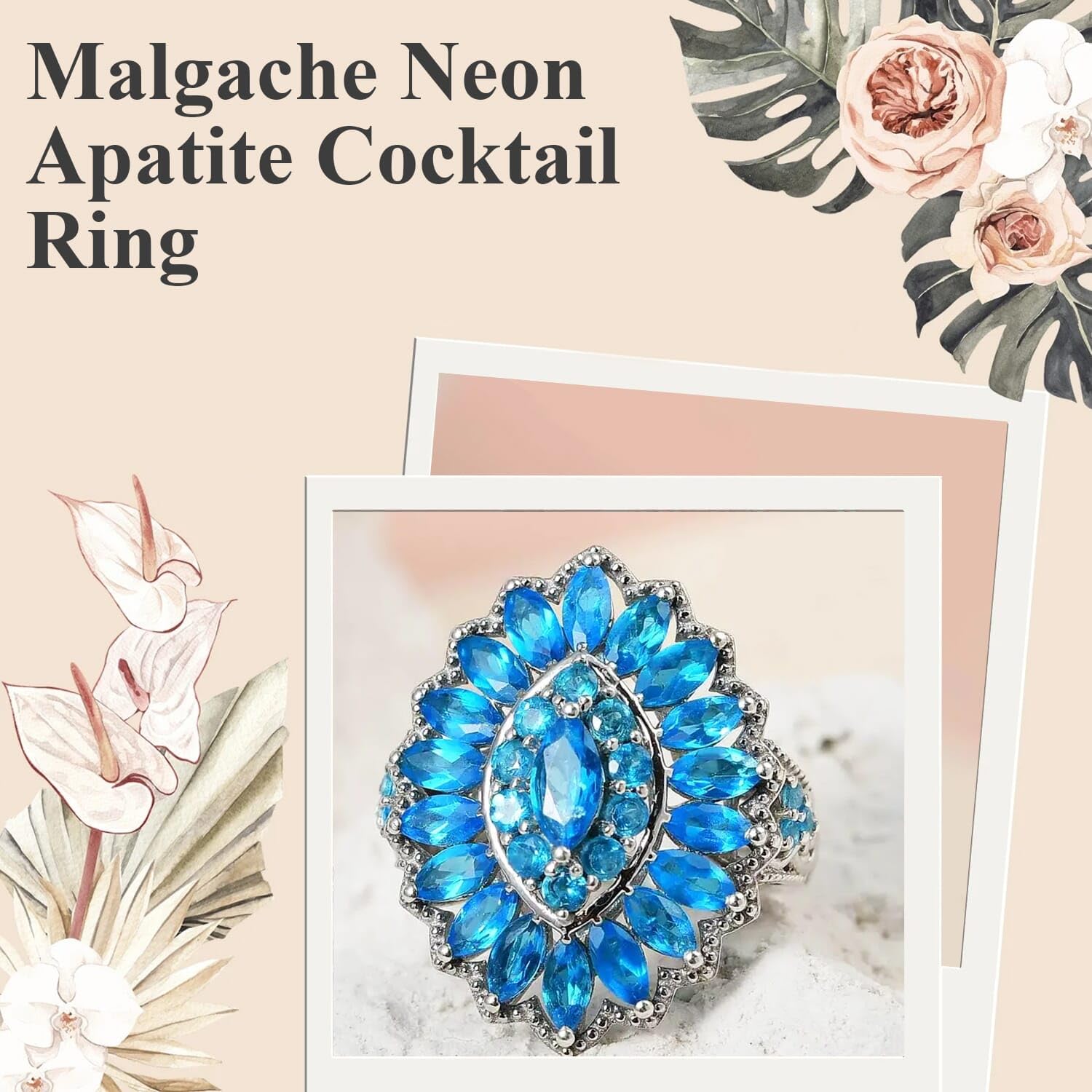 2.9 Ct 925 Sterling Silver Platinum Plated Neon Apatite Cluster Ring for Women - Size 6 | Engagement, Anniversary, Wedding, Promise, Birthday Gift | Perfect for Date Nights, Parties & Special Occasions