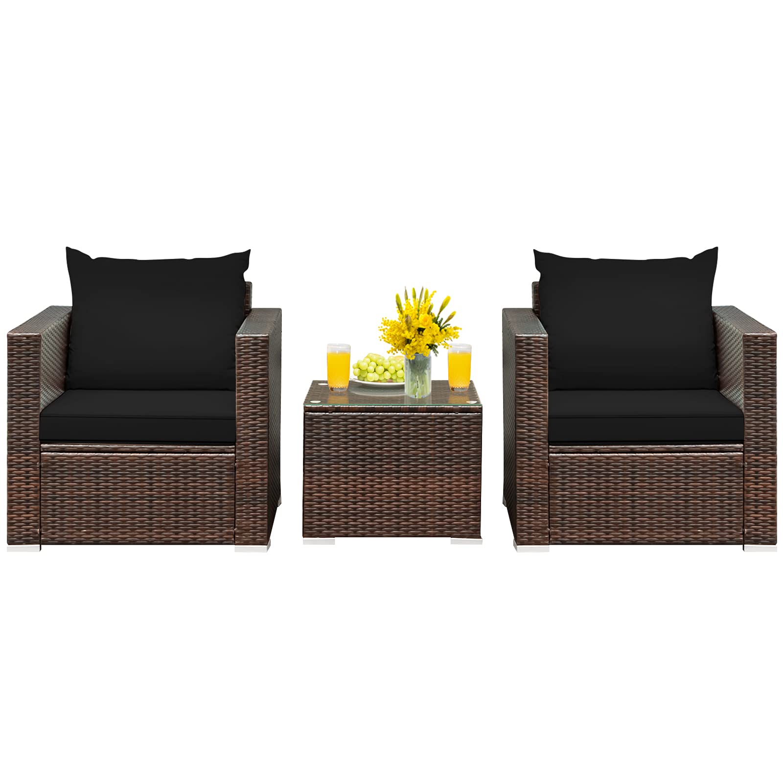 Happygrill 3-Piece PE Rattan Patio Furniture Set with Cushions & Coffee Table - Outdoor Wicker Sofa Conversation Set for Garden, Poolside, Balcony or Backyard Relaxation