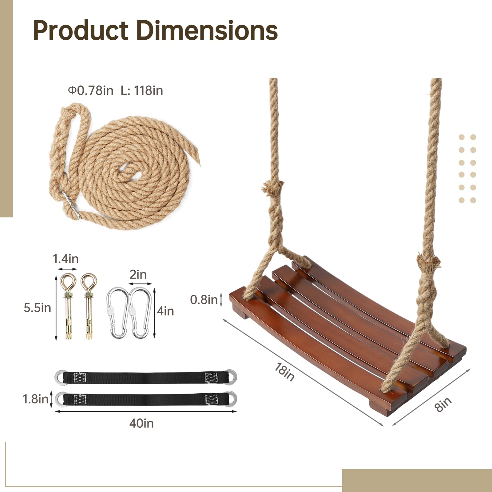 Heavy-Duty Wooden Tree Swing Seat for Adults & Kids - 500lbs Weight Capacity, Adjustable Climbing Rope with 118 Inch Straps - Perfect for Backyard, Garden, Playground & Indoor Use - Natural Wood Outdoor Swing for Family Fun & Relaxation