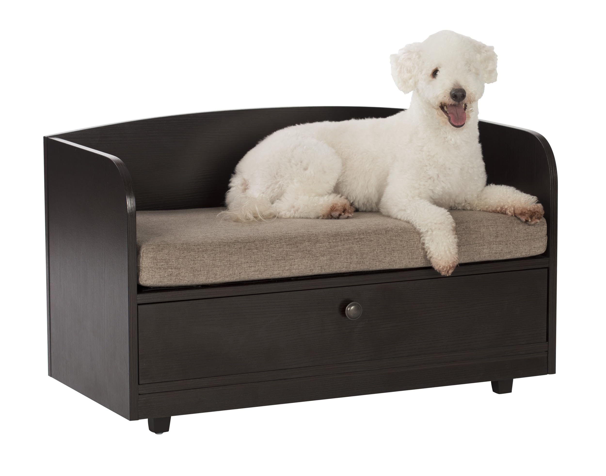 Premium Paws & Purrs Pet Bed with Storage Drawer - Soft Washable Dog & Cat Bed in Espresso/Sand - Perfect for Living Room, Bedroom & Pet-Friendly Spaces