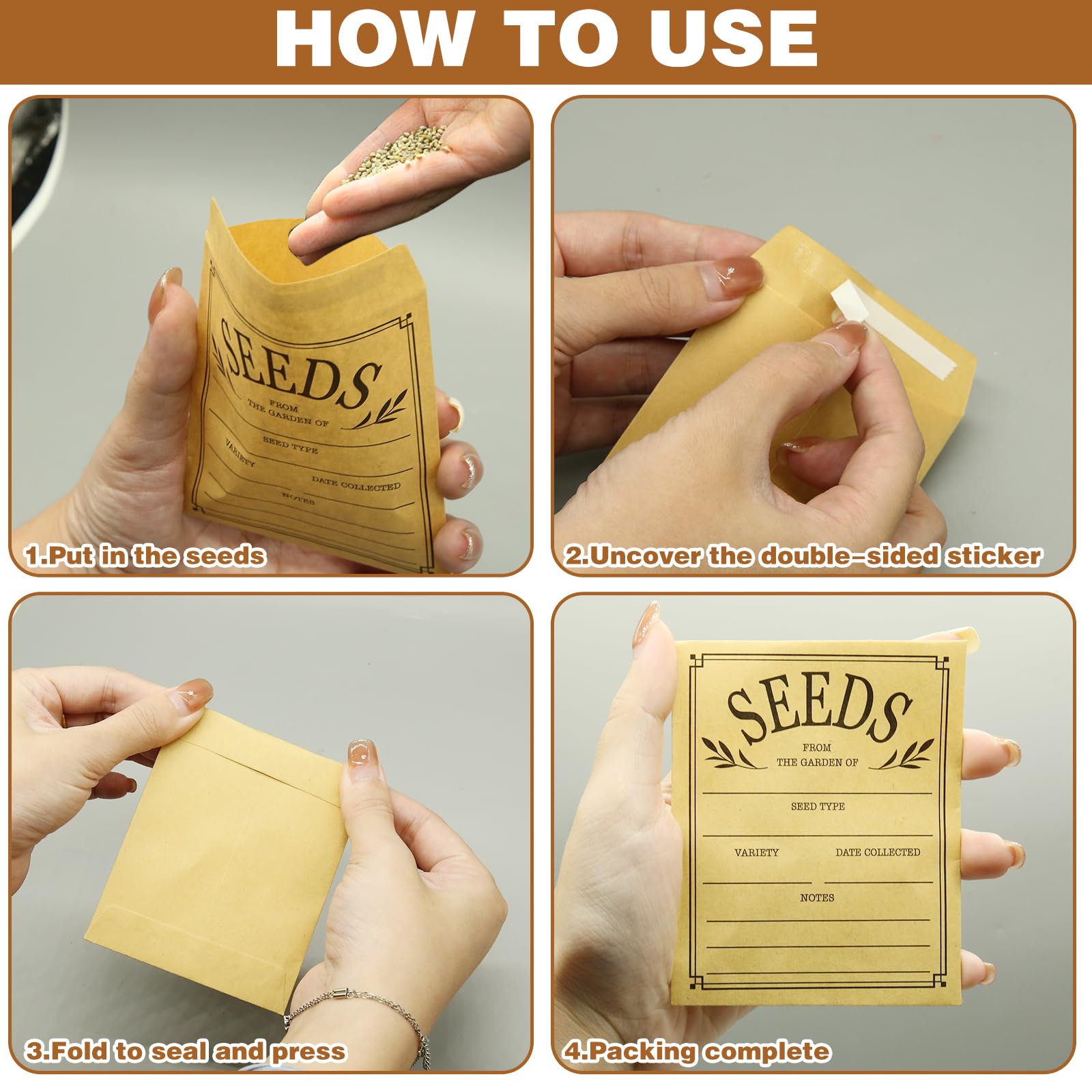 100Pcs Resealable Brown Paper Seed Envelopes - 3.1x4.7 Inch Self-Adhesive Seed Packets for Storing Vegetable & Flower Seeds | Perfect for Gardeners, Seed Swapping & Organizing Seeds Collection
