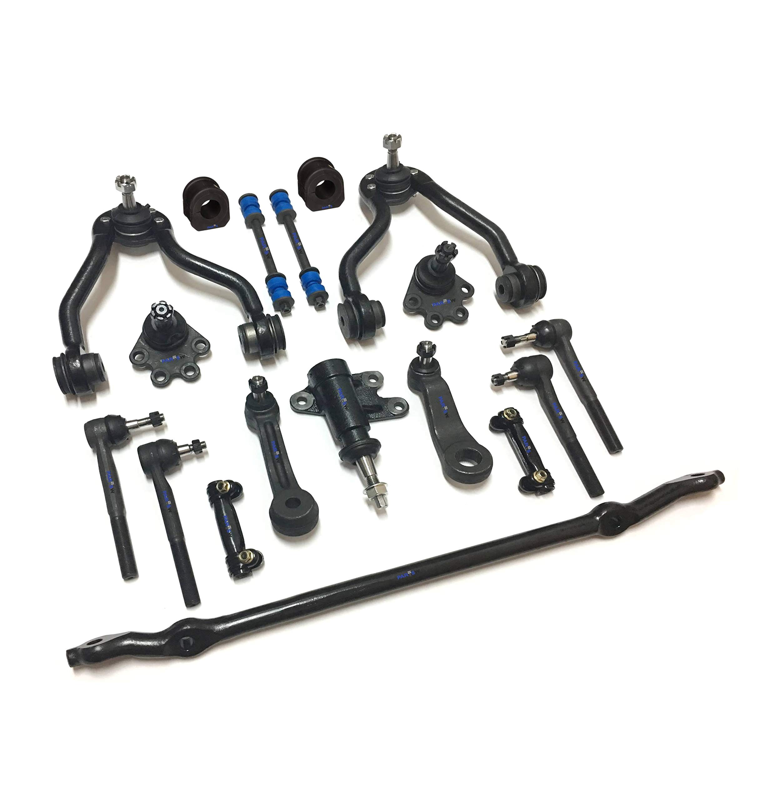 18-Piece Front Suspension Kit with 27mm Sway Bar Bushings, Control Arms, Adjusting Sleeves, Tie Rod Ends, Ball Joints & Center Link - Includes Idler & Pitman Arms - Perfect for Jeep Wrangler, Chevy Silverado & Ford F-150 Suspension Upgrades