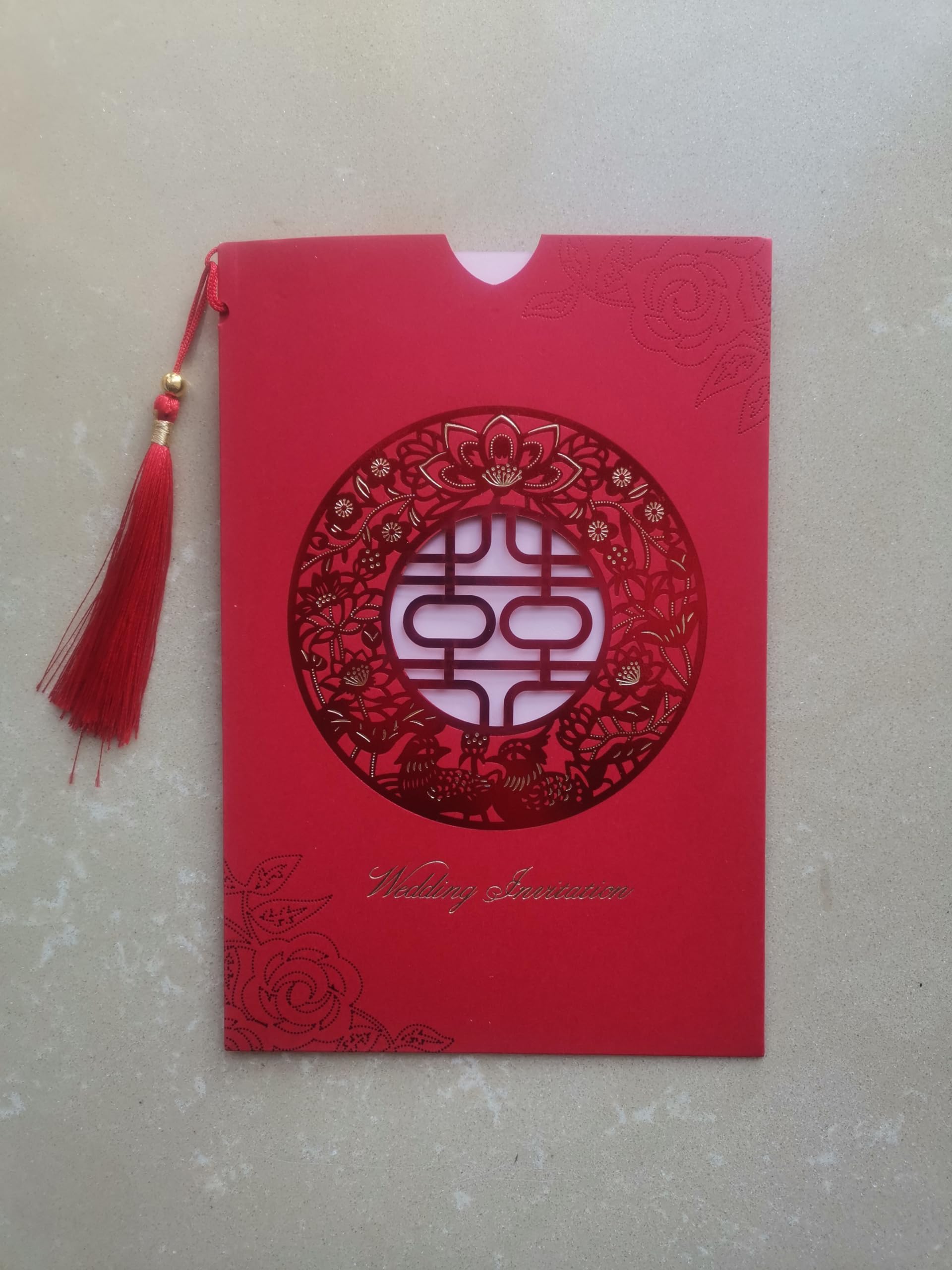 100Pcs Chinese Red Double Happiness Tassel Wedding Invitation Cards with Envelopes - Elegant Engagement & Marriage Invites for Traditional Asian Ceremonies
