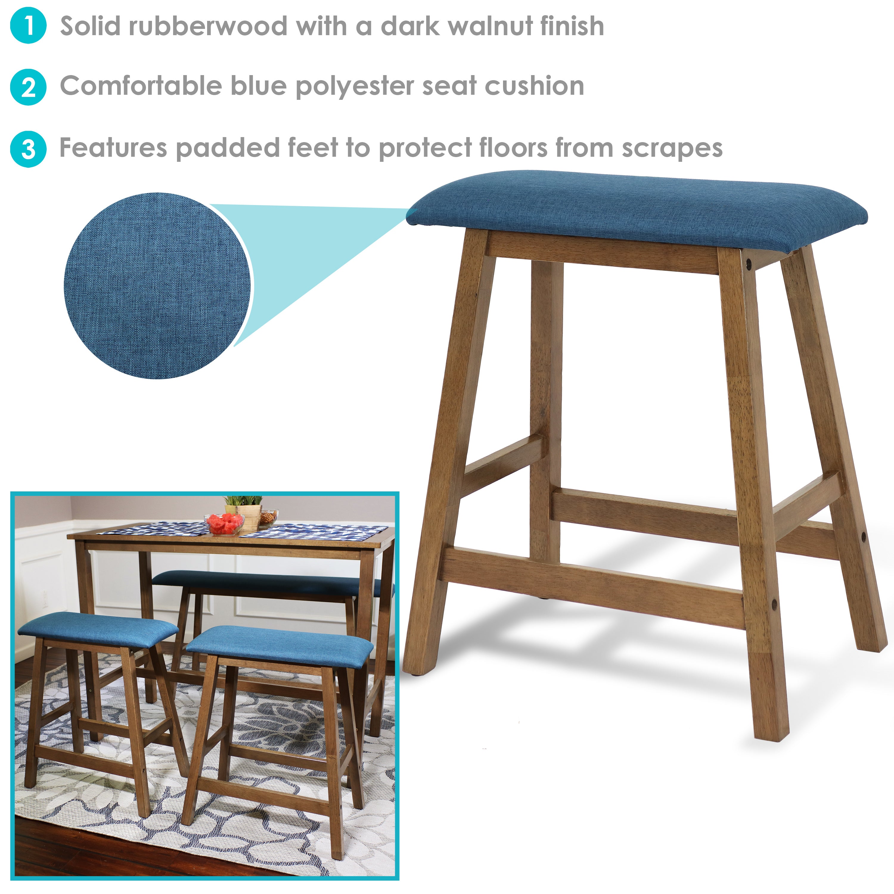 Sunnydaze Set of 2 Counter Height Bar Stools - Weathered Oak Finish with Blue Cushions - Perfect for Kitchen Island, Breakfast Nook & Home Bar Decor