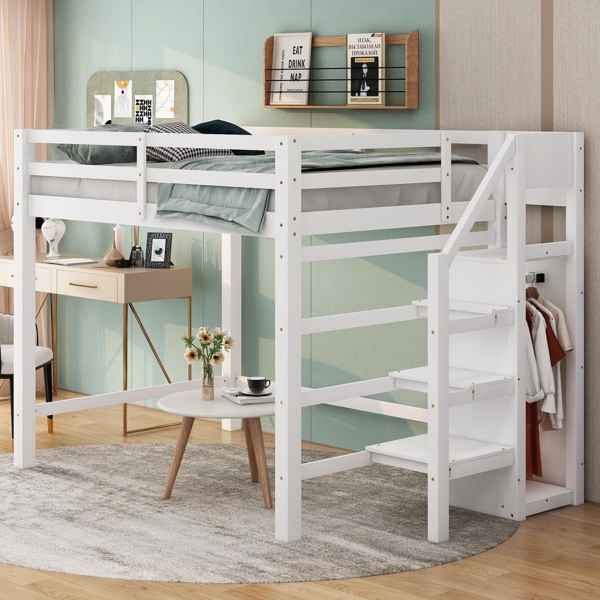 Full Size Loft Bed with Storage Staircase & Wardrobe - Wooden High Loft Bed Frame for Kids, Teens & Adults - Space-Saving Bedroom Solution for Small Rooms, Dorms & Apartments - White by Harper & Bright Designs