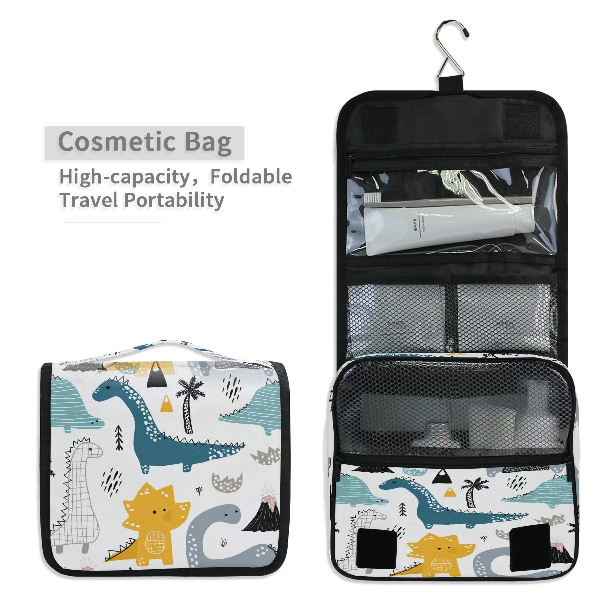 Waterproof Hanging Toiletry Bag for Travel - Palm Tree Dinosaur Design Cosmetic Organizer Pouch for Women, Girls & Kids | Perfect for Showers, Beach Trips & Vacation Gifts
