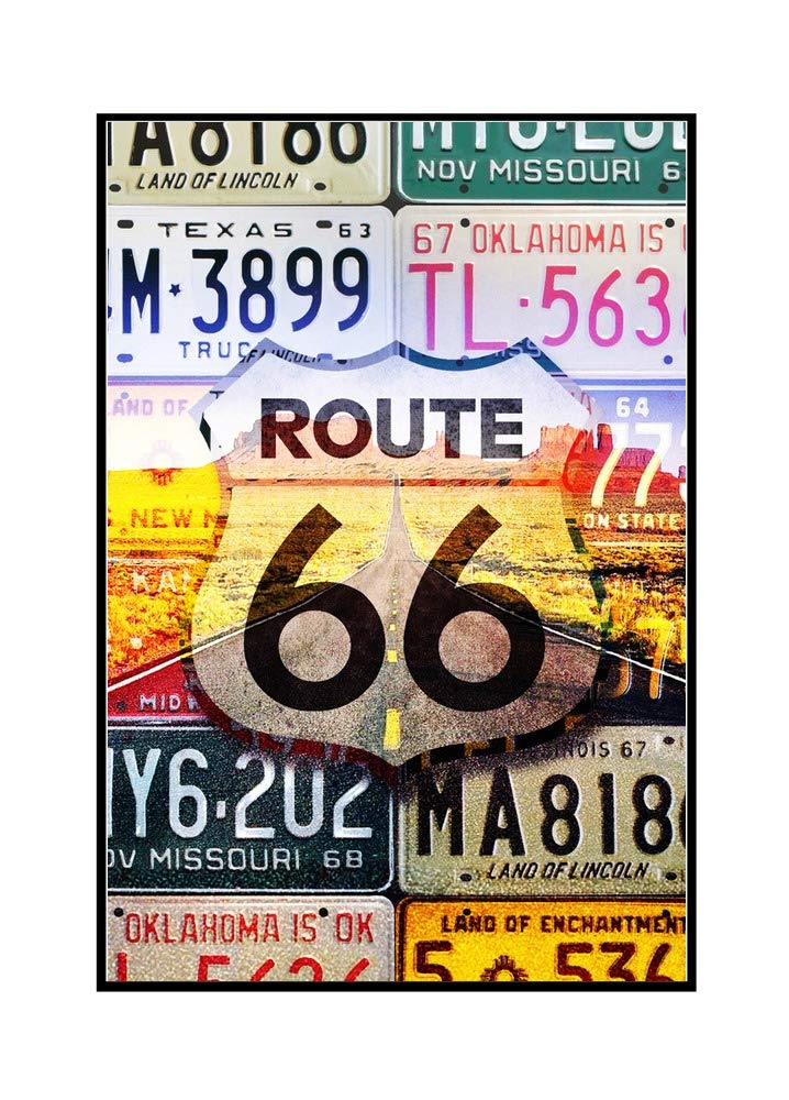 Vintage Route 66 License Plates Wall Art - 24x36 Framed Gallery Wrapped Canvas - American Highway Road Decor for Man Cave, Garage, or Office