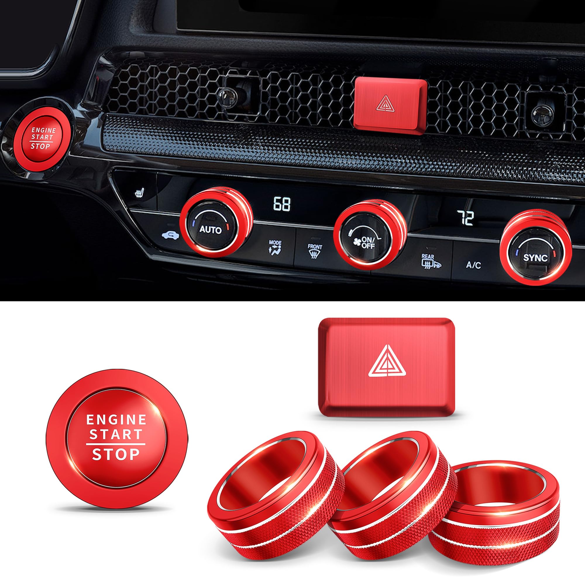 6-Piece Interior Button Cover Set for 11th Gen Honda Accord/HRV/CRV/Civic (2022-2025) - AC Knob Cover, Hazard Light & Push Start Button Protector - Red Car Accessories for Enhanced Dashboard Protection & Style