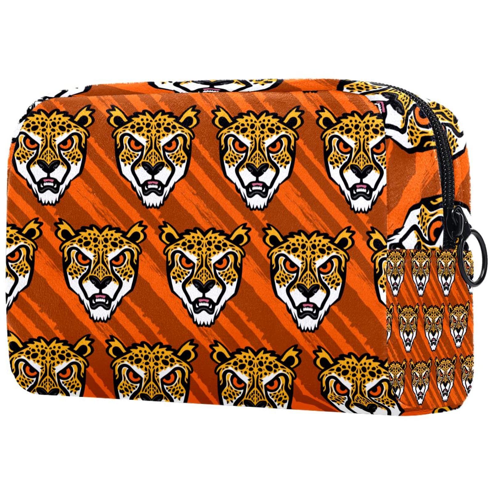 Large Capacity Waterproof Cosmetic Bag with Zip - Orange Stripes Cheetah Print Makeup Pouch for Women | Travel Toiletry Organizer, Gym Essentials Storage, Daily Beauty Accessories Holder