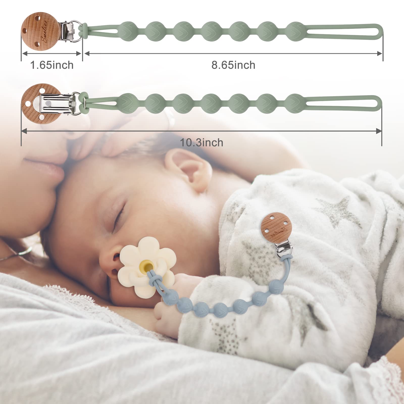 2 Pack Wooden Pacifier Clips for Baby Boys & Girls - One-Piece Binky Holder Clips with Natural Design - Perfect Baby Shower Gift & Birthday Present - Ideal for Strollers, Car Seats & Daily Use (Sage+Ether)