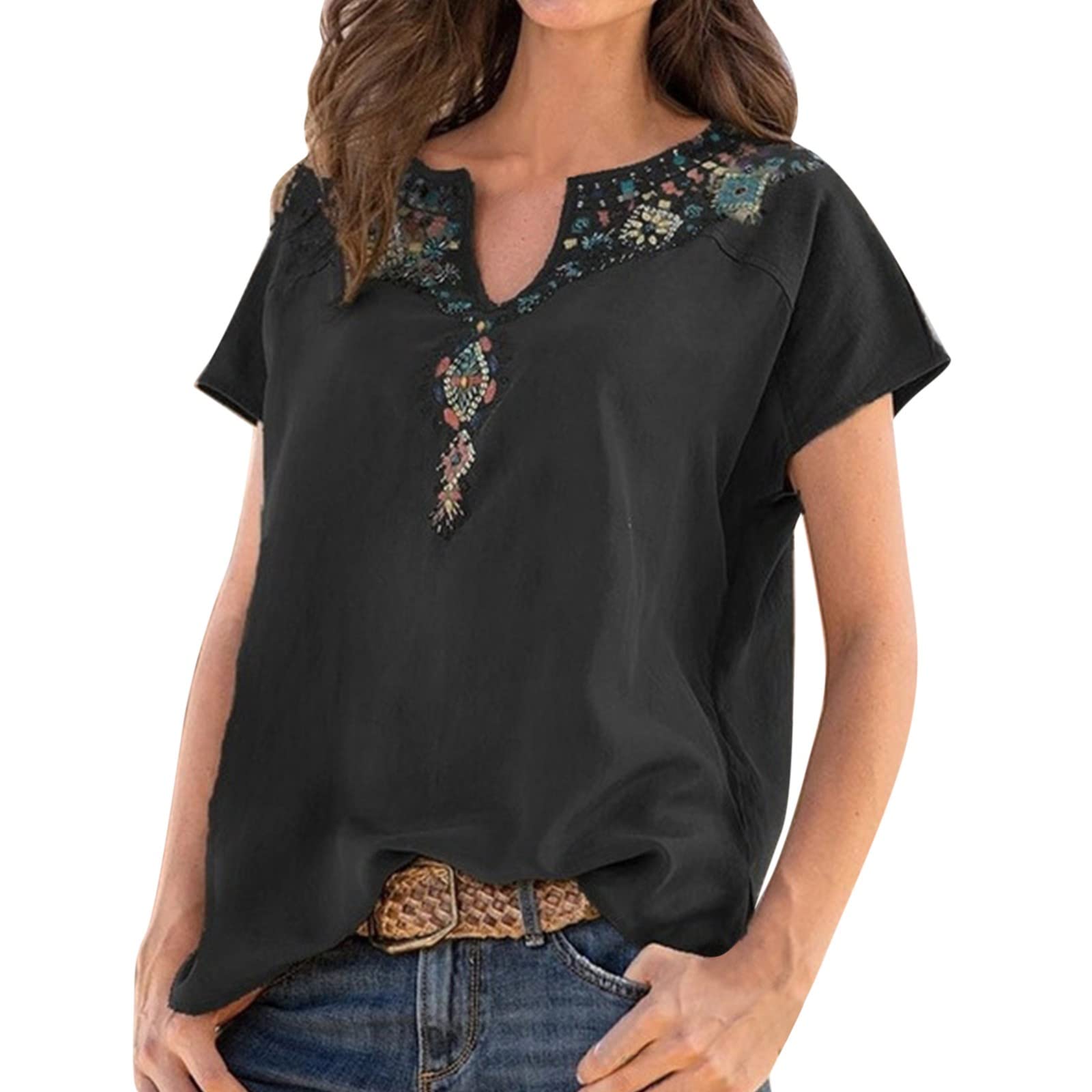 Women's Loose V-Neck Ethnic Print Top for Summer Outfits