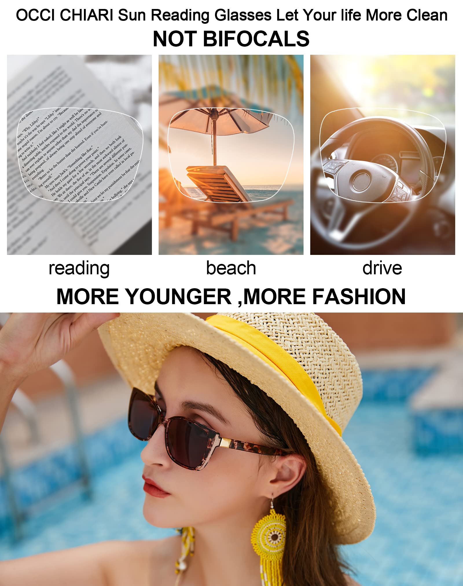 OCCI CHIARI Women's Oversized Blue Light Blocking Sunglasses UV400 Protection (1.0-3.5 Strength) for Reading, Driving & Outdoor Activities