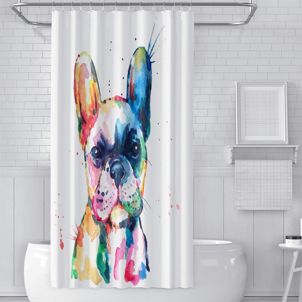Watercolor French Bulldog Shower Curtain - 36x72 Inch Bathroom Decor, Waterproof Fabric Shower Liner with Hooks - Cute Puppy Theme for Bathroom, Kids Room & Pet Lover Gifts