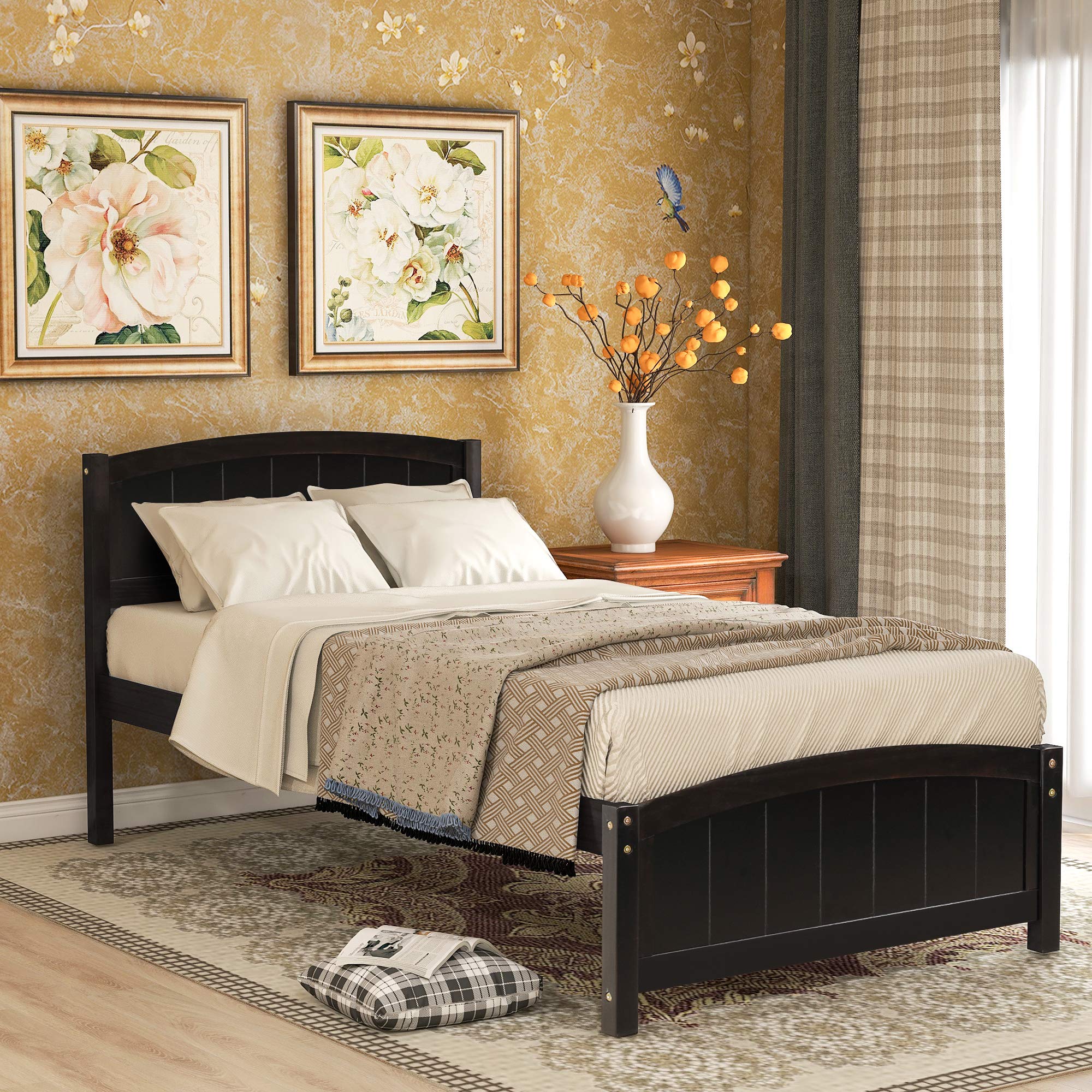 LZ LEISURE ZONE Twin Bed Frame with Headboard & Footboard - Solid Wood Platform Bed with Slat Support, Espresso Finish - Perfect for Kids Rooms, Guest Bedrooms & Small Spaces
