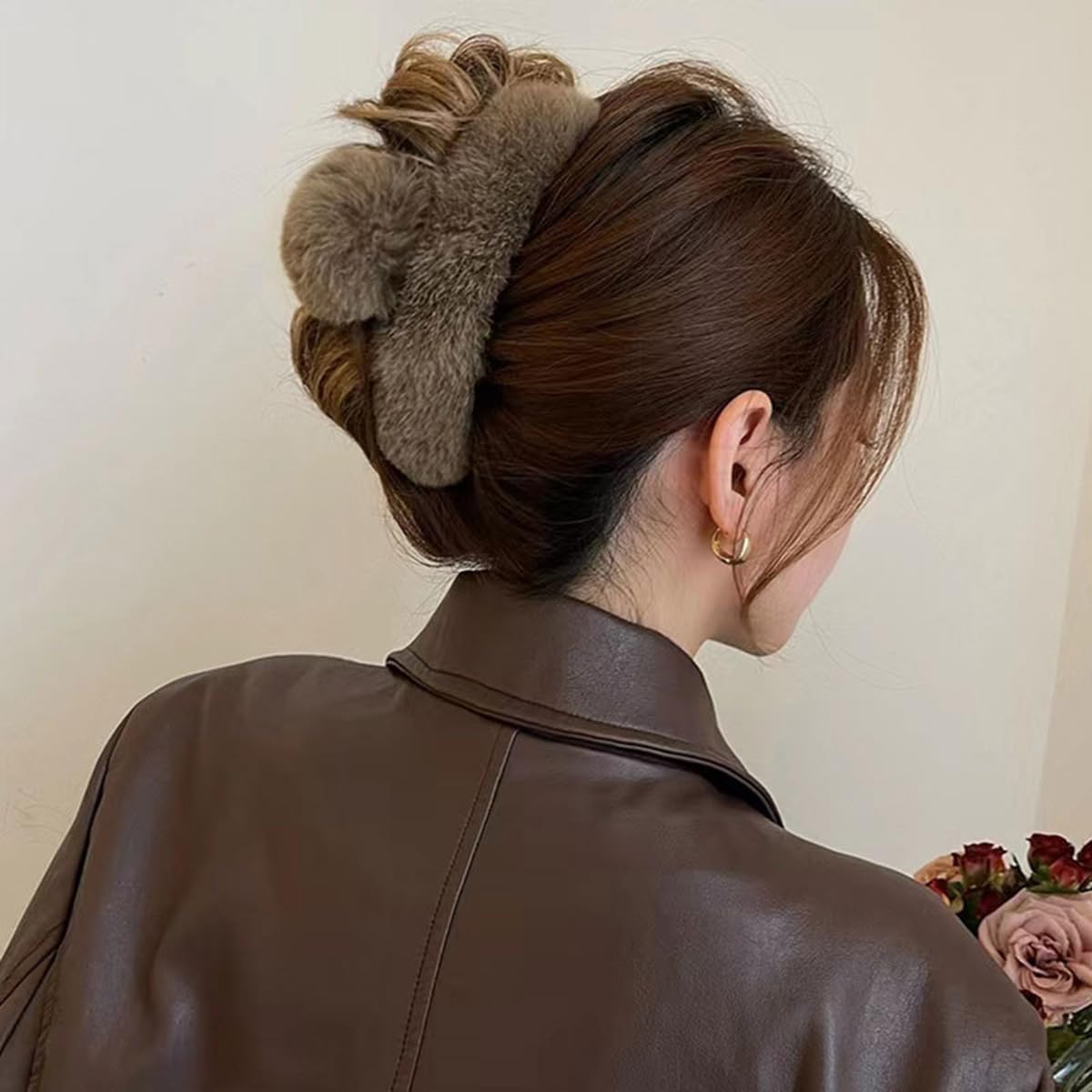YOYLMAL Large Faux Fur Hair Claw Clip for Women - 5.1 Inch Winter Fluffy Hair Clips, Non-Slip Strong Hold Furry Big Jaw Clamp for Thick Long Hair (Coffee Brown) - Perfect for Parties, Weddings and Everyday Styling