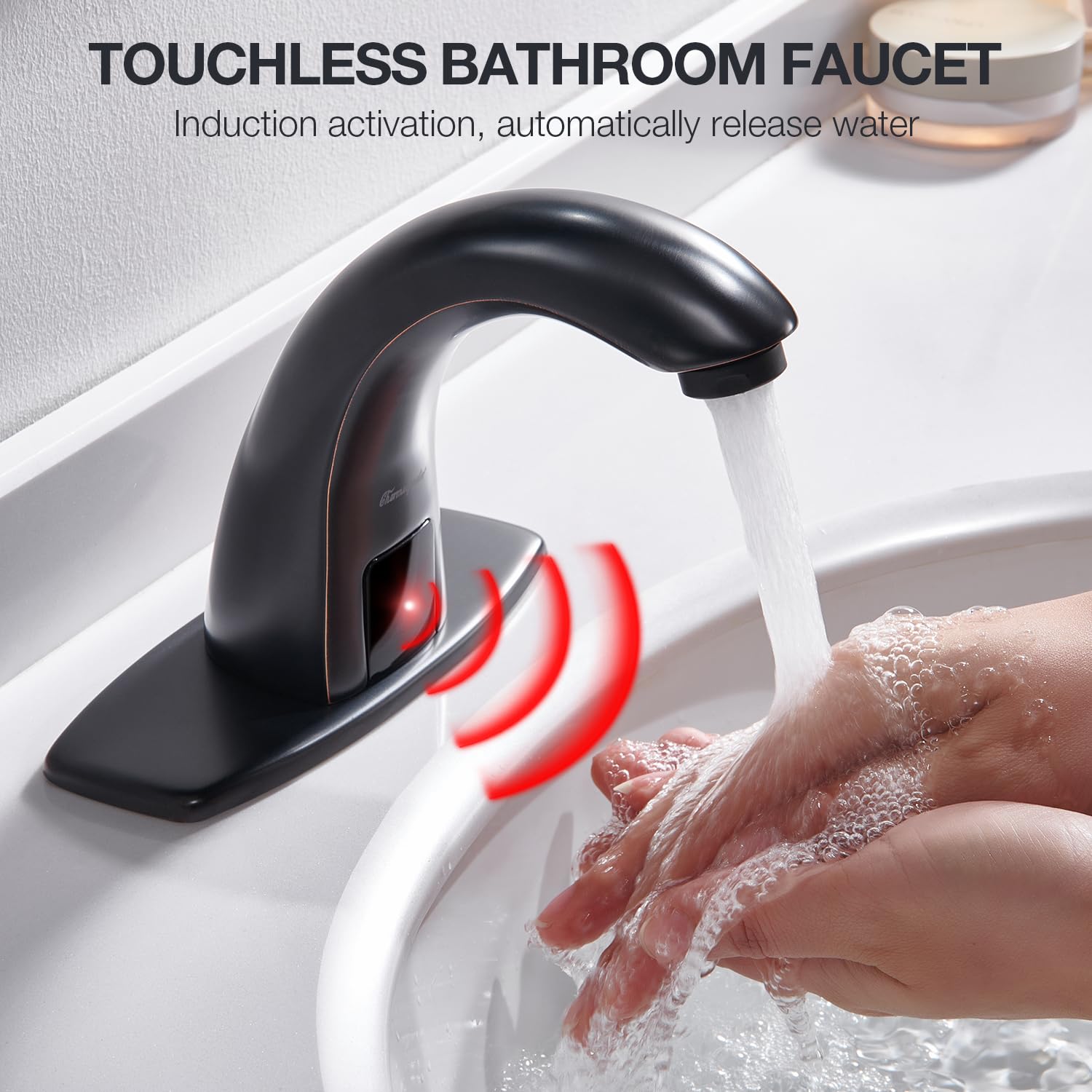 Automatic Sensor Touchless Bathroom Sink Faucet - Motion Activated Hands-Free Faucet with Hole Cover Plate in Oil Rubbed Bronze Finish for Modern & Hygienic Bathrooms