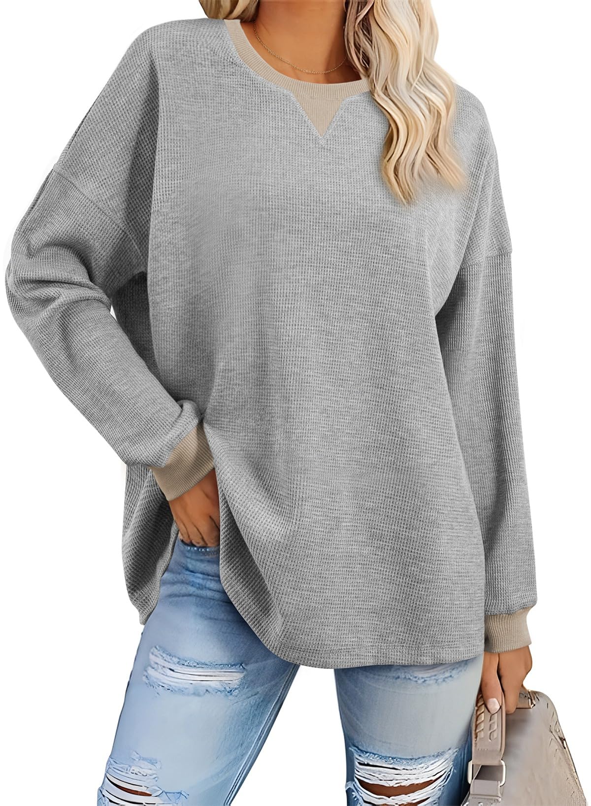 AlvaQ Women's Oversized Sweatshirt 2024 - Soft Waffle Knit Pullover, Long Sleeve Crewneck Jumper for Casual Wear | Cozy Fall Outfits, Lounge Wear & Street Style Fashion