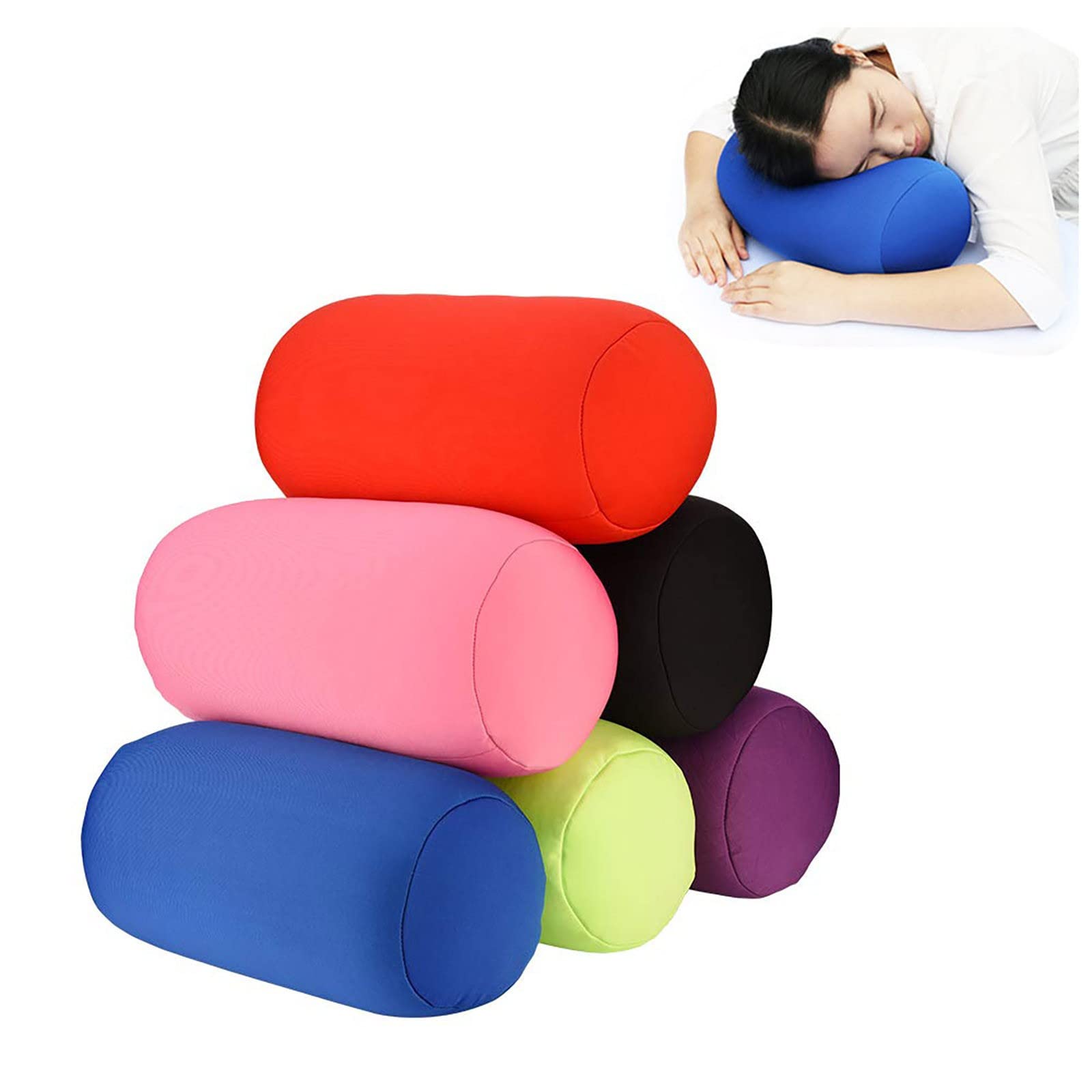 ASkinds 2 Pack Cylindrical Pillows for Neck & Back Support - Microbead Filled Roll Pillow, Comfortable Jelly Bean Tube Cushion for Head, Neck Pain Relief (Black + Red) - Perfect for Travel, Office, Sofa & Bed Use