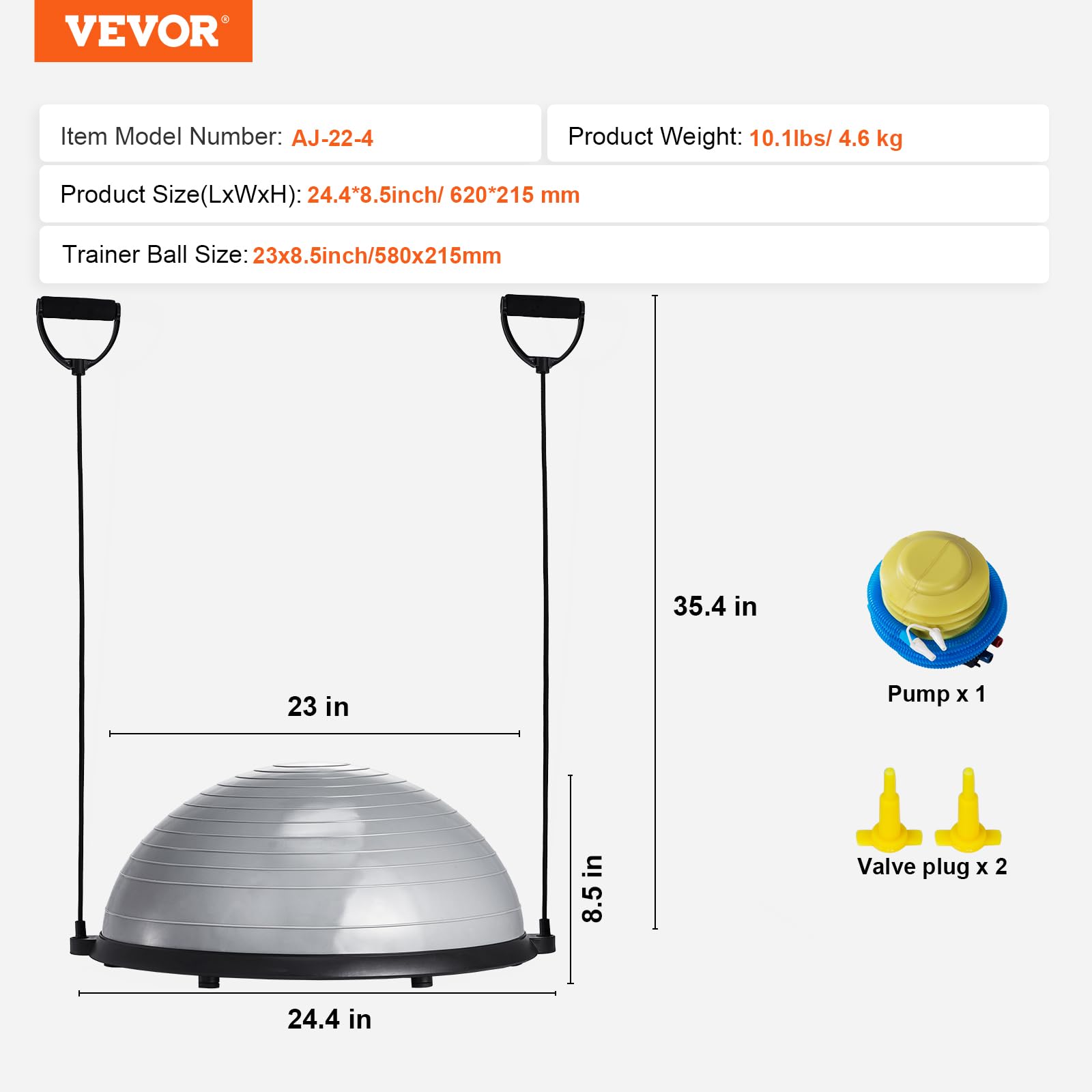 VEVOR 23/26 Inch Half Exercise Ball Trainer - 1500lbs Capacity Stability Ball for Yoga, Strength Training & Full Body Workout - Includes Resistance Bands & Foot Pump - Perfect for Home Gym, Pilates, Core Workouts & Physical Therapy (Black)