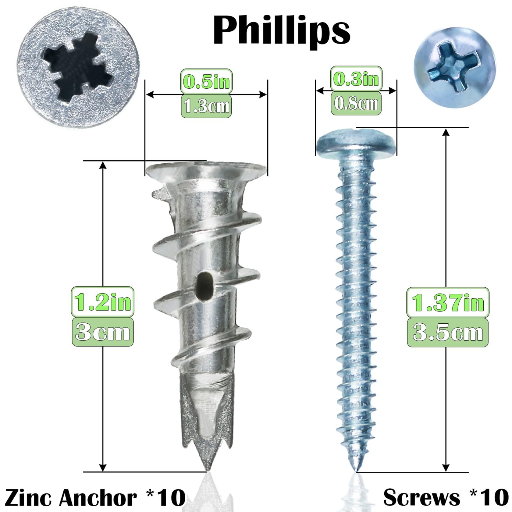 Heavy Duty Zinc Self-Drilling Drywall Anchors Kit - 10 Hollow Wall Anchors + 10#8 x 1-1/4'' Screws (20 Pcs) for Secure Hanging & Mounting - Perfect for Pictures, Shelves, Mirrors & Home Decor