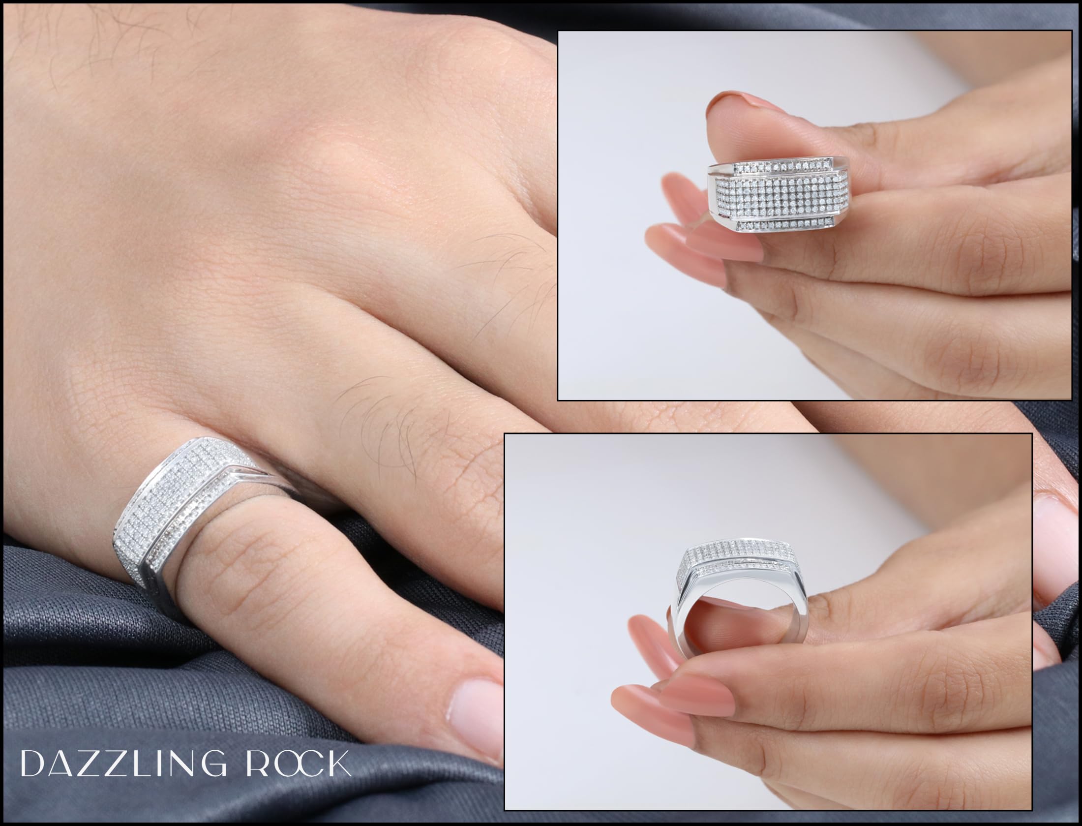 0.45 Carat Round White Diamond Men's Engagement Ring in 925 Sterling Silver - Dazzlingrock Collection Rectangular Composite Ring for Proposals, Weddings & Anniversaries