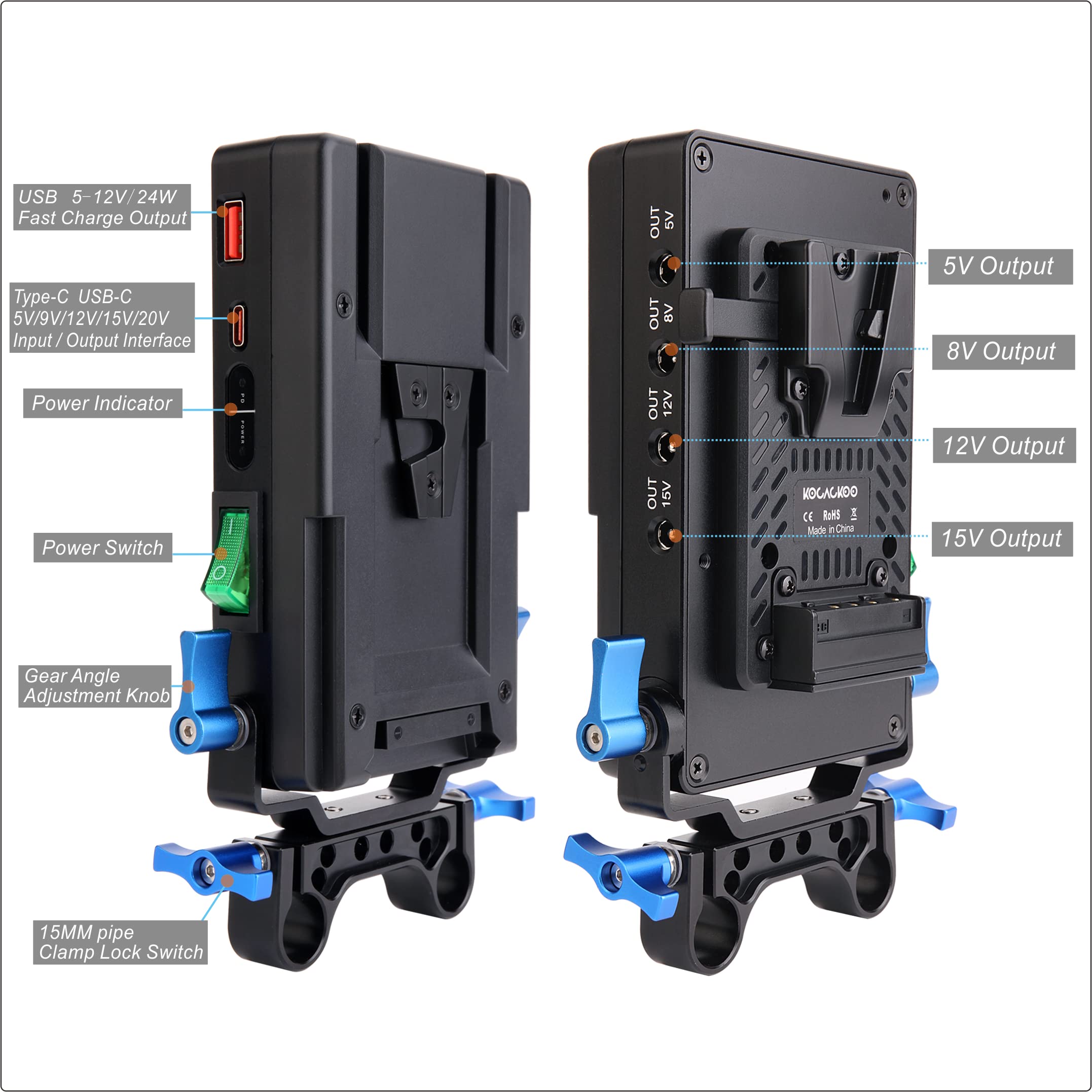V-Mount to V-Lock Battery Adapter Plate with 15mm Rod Clamp & 6 DC Outputs - Power Supply Splitter for Sony Camcorders, BMPCC 4K/6K, DSLR Cameras - Perfect for Film Production, Live Streaming & On-Location Shooting