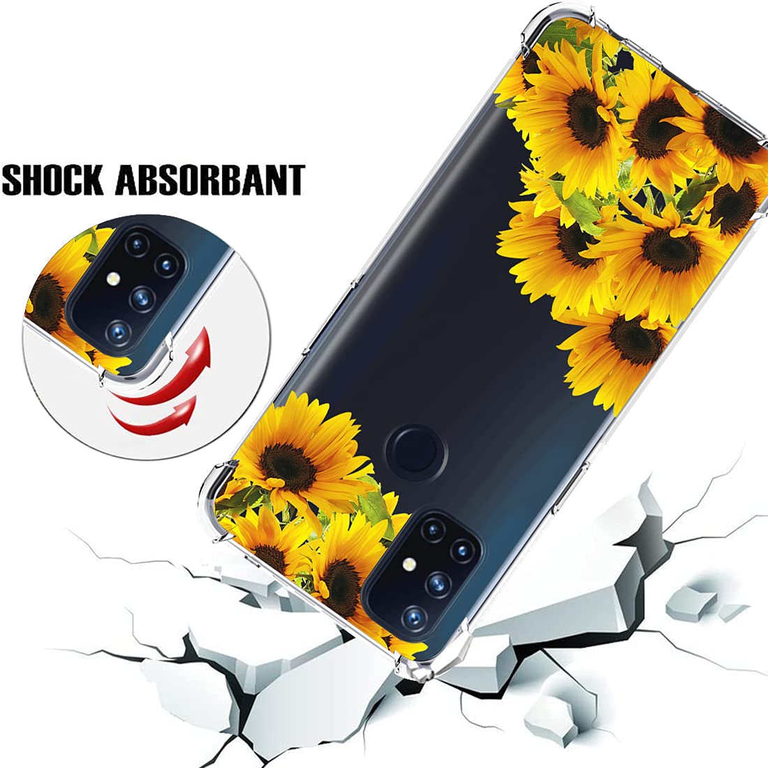 OnePlus Nord N10 5G Case - Clear Slim Shockproof TPU Rubber Protective Cover with Sunflower Pattern for Women & Girls | Perfect for Everyday Use, Work & Travel