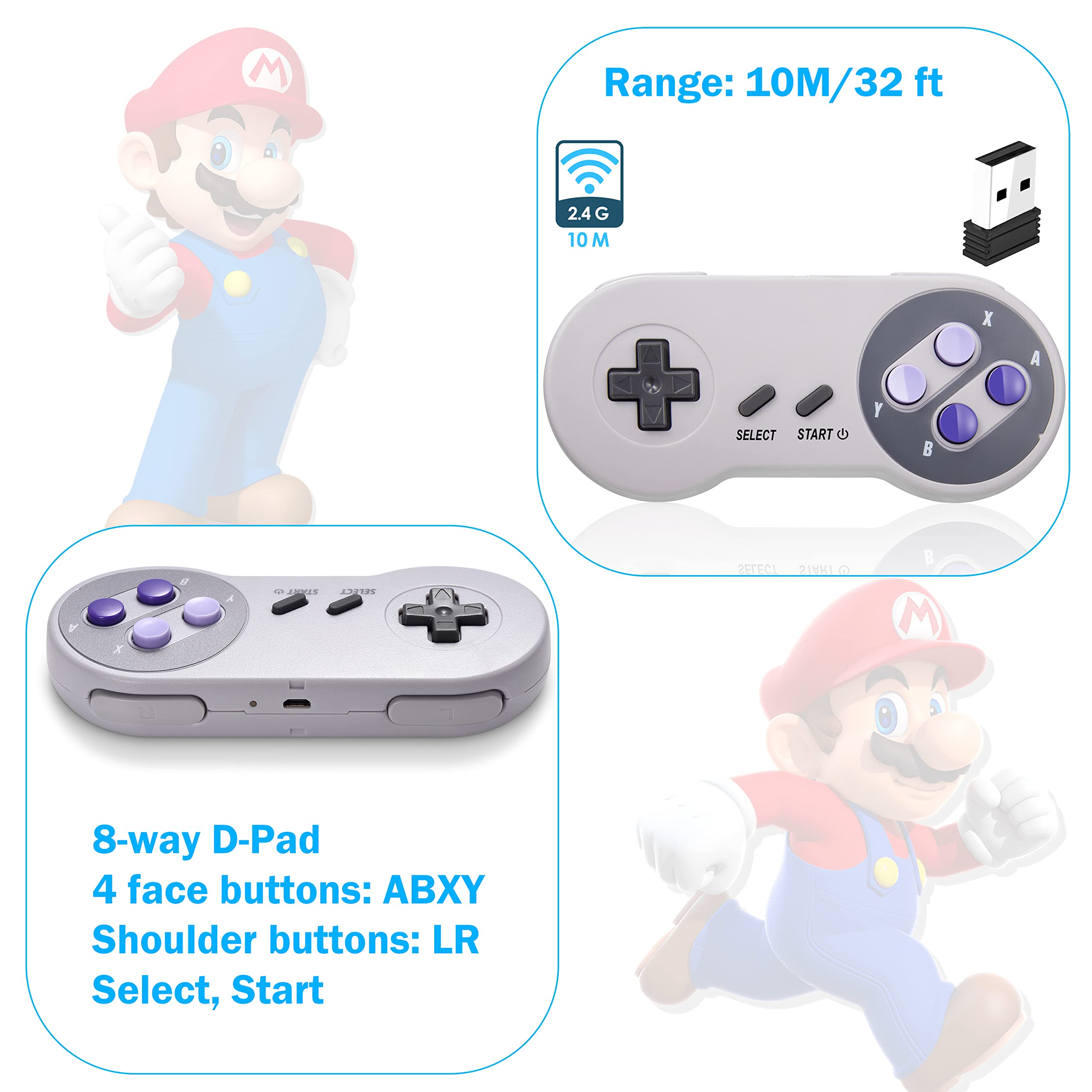 SAFFUN 2 Pack 2.4GHz Wireless USB SNES Controller for PC - Compatible with Windows, Mac, Linux, Raspberry Pi, RetroPie, OpenEmu - Rechargeable Plug & Play Gamepad for Retro Gaming & Emulation - Perfect for Classic SNES Games on Modern Systems