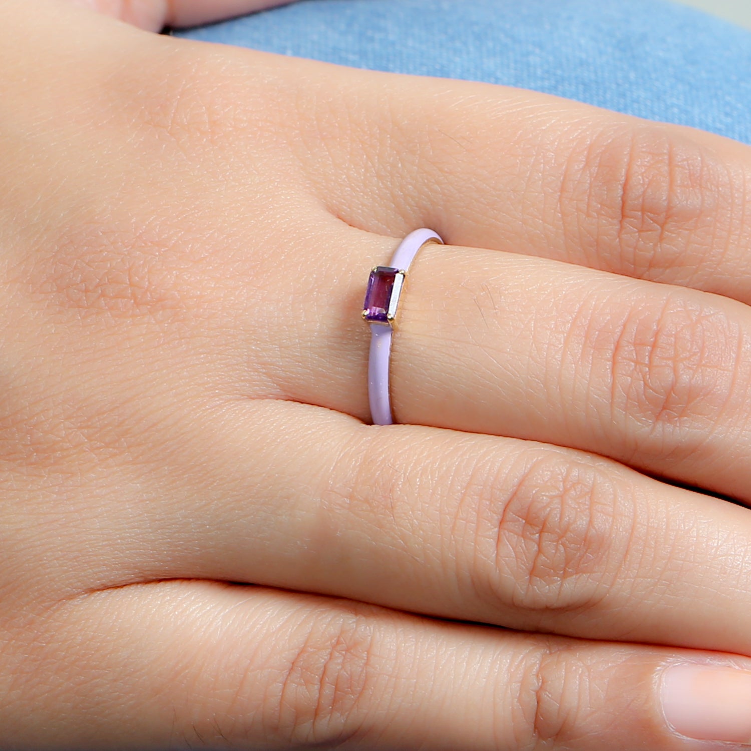 18K Yellow Gold Baguette Cut Amethyst Enamel Band Ring - Elegant Dainty Jewelry for Women, Perfect for Weddings, Anniversaries & Special Occasions